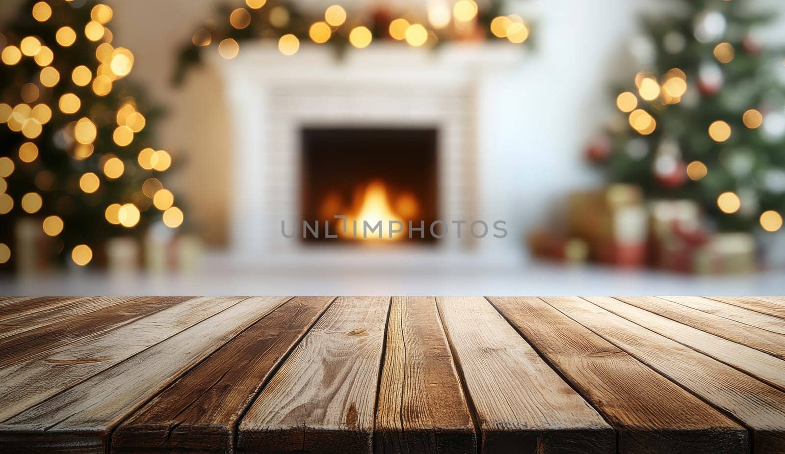 Empty wooden table top with blurred Christmas fireplace background. Winter holidays mock up for display or montage product design