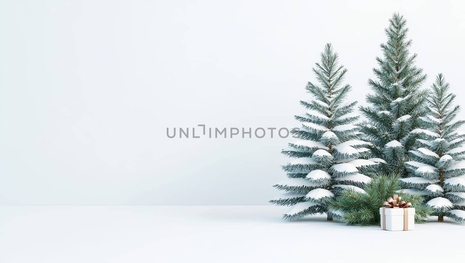 Snowy Christmas Trees with Gift, Festive Winter Scene