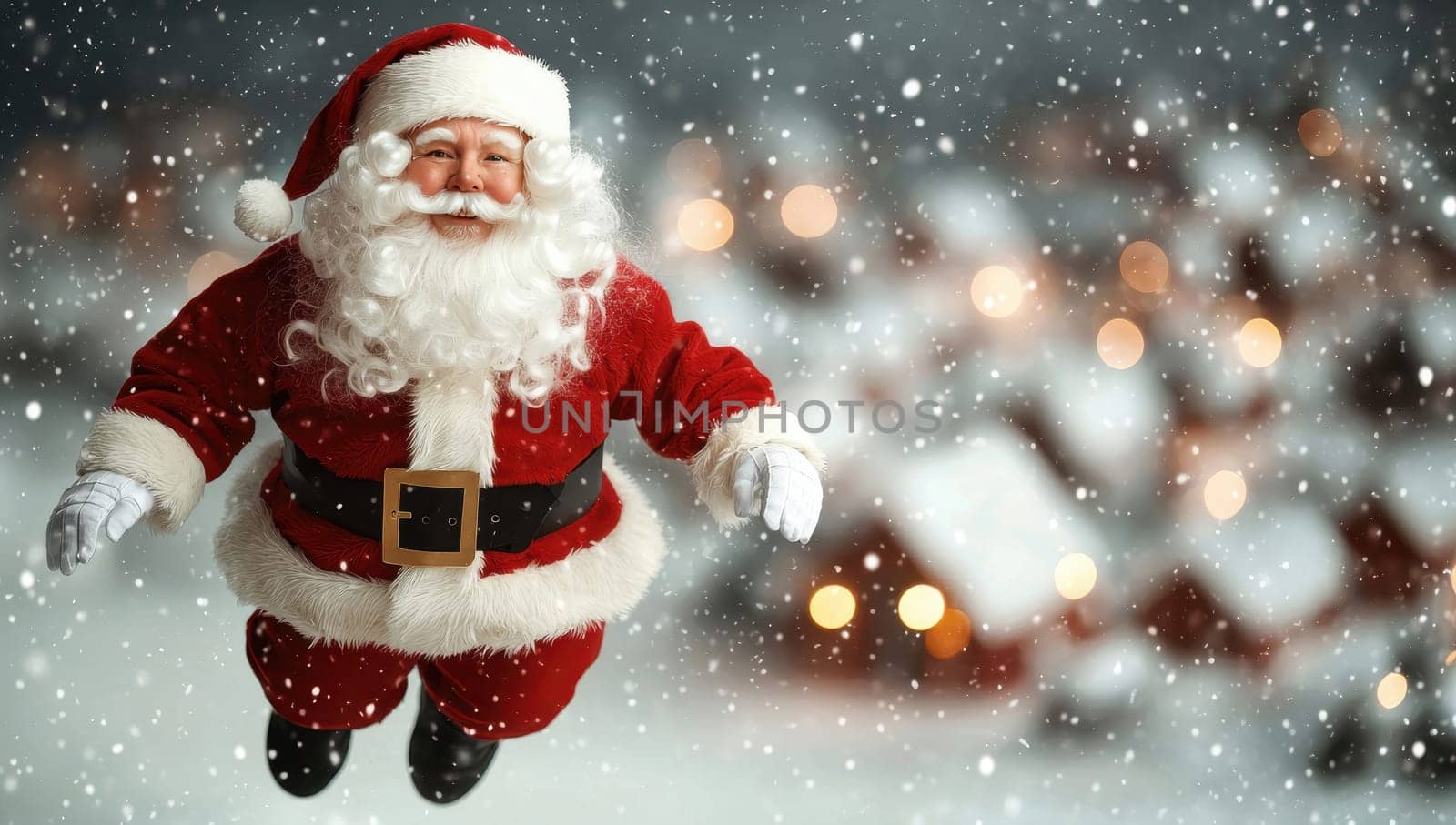 Santa Claus flying over a snowy village at night. Christmas concept.