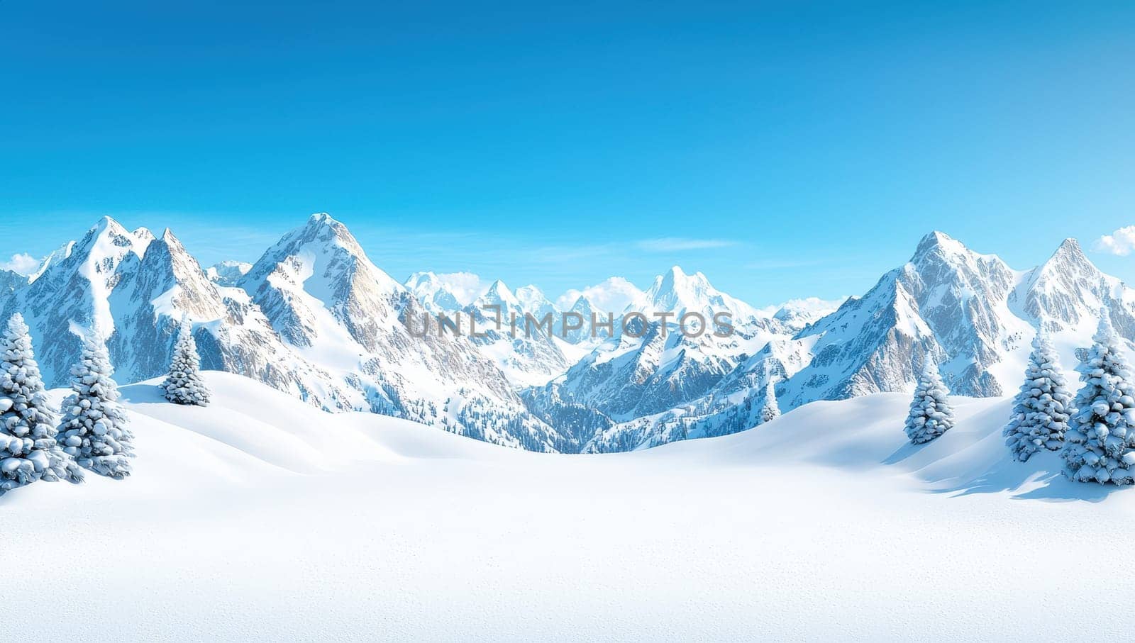 Snowy mountain landscape with fir trees under blue sky. Winter wonderland scenery.