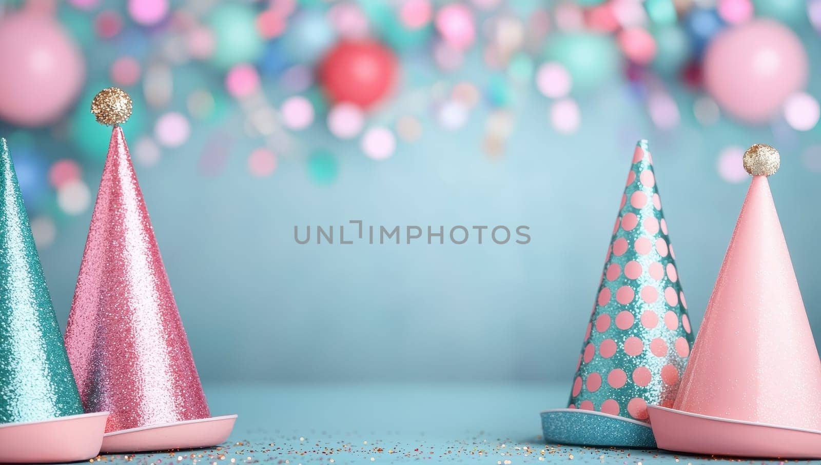 Colorful Party Hats on Sparkling Background, Birthday and New Year Celebration