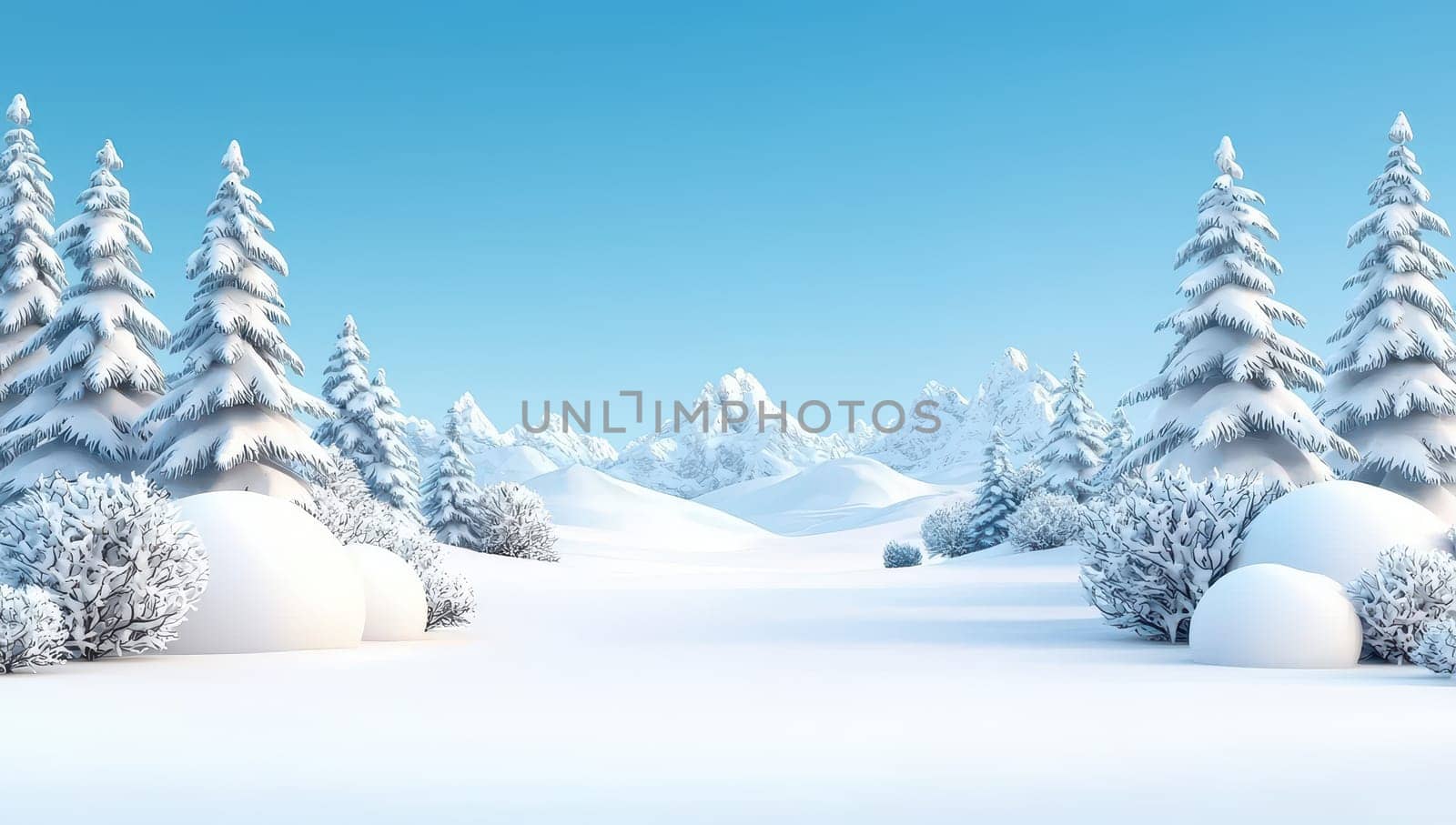 Snowy winter landscape with snow covered trees and mountains.
