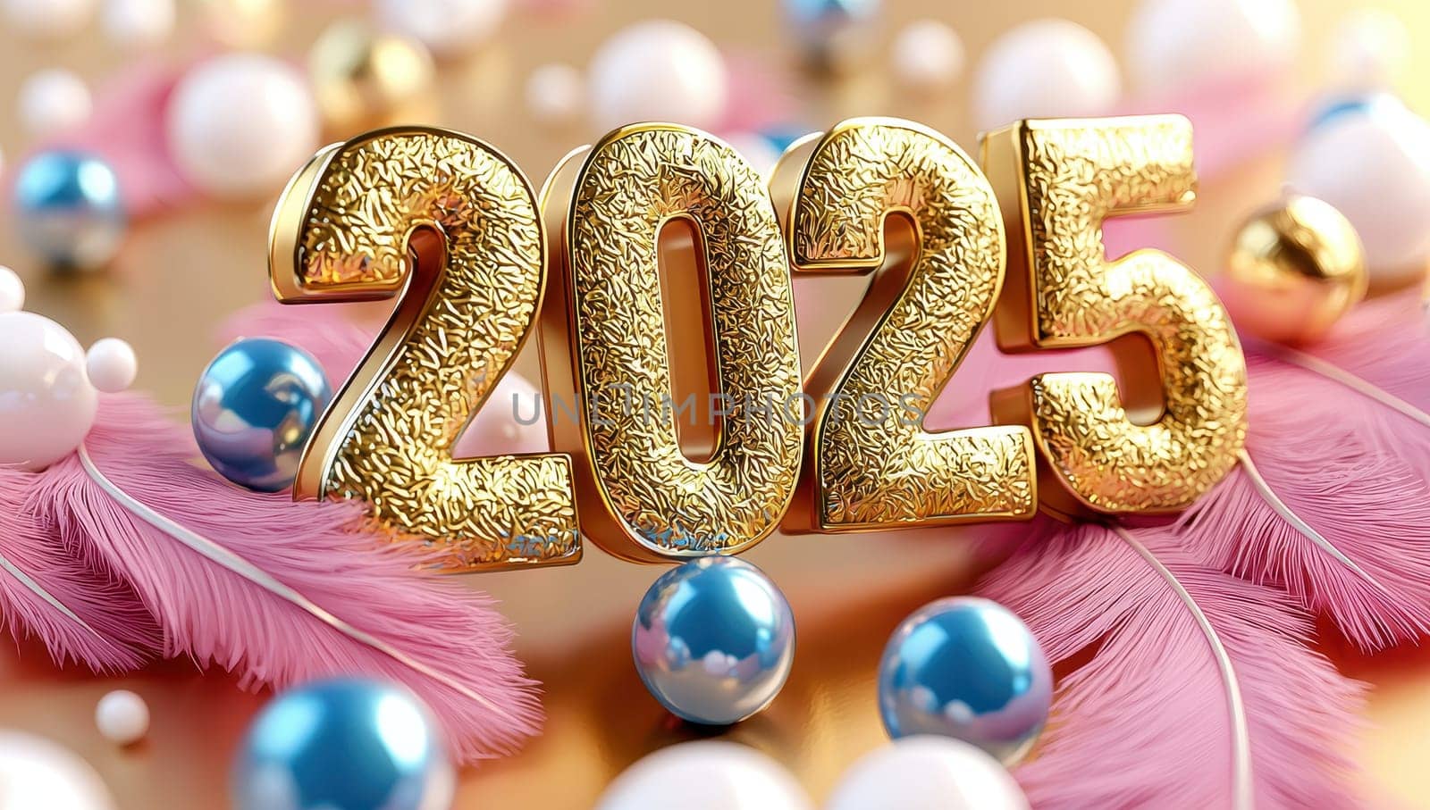 Happy New Year 2025 golden text with pink feathers and baubles on gold background. 3D rendering.