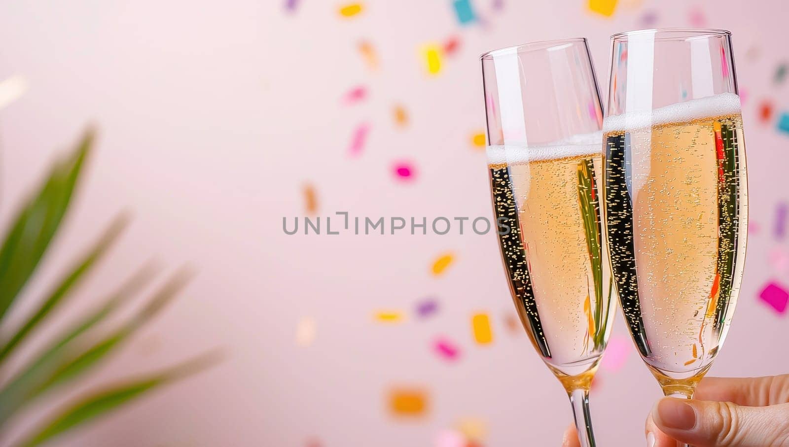 Two champagne glasses toasting against a pink confetti background.