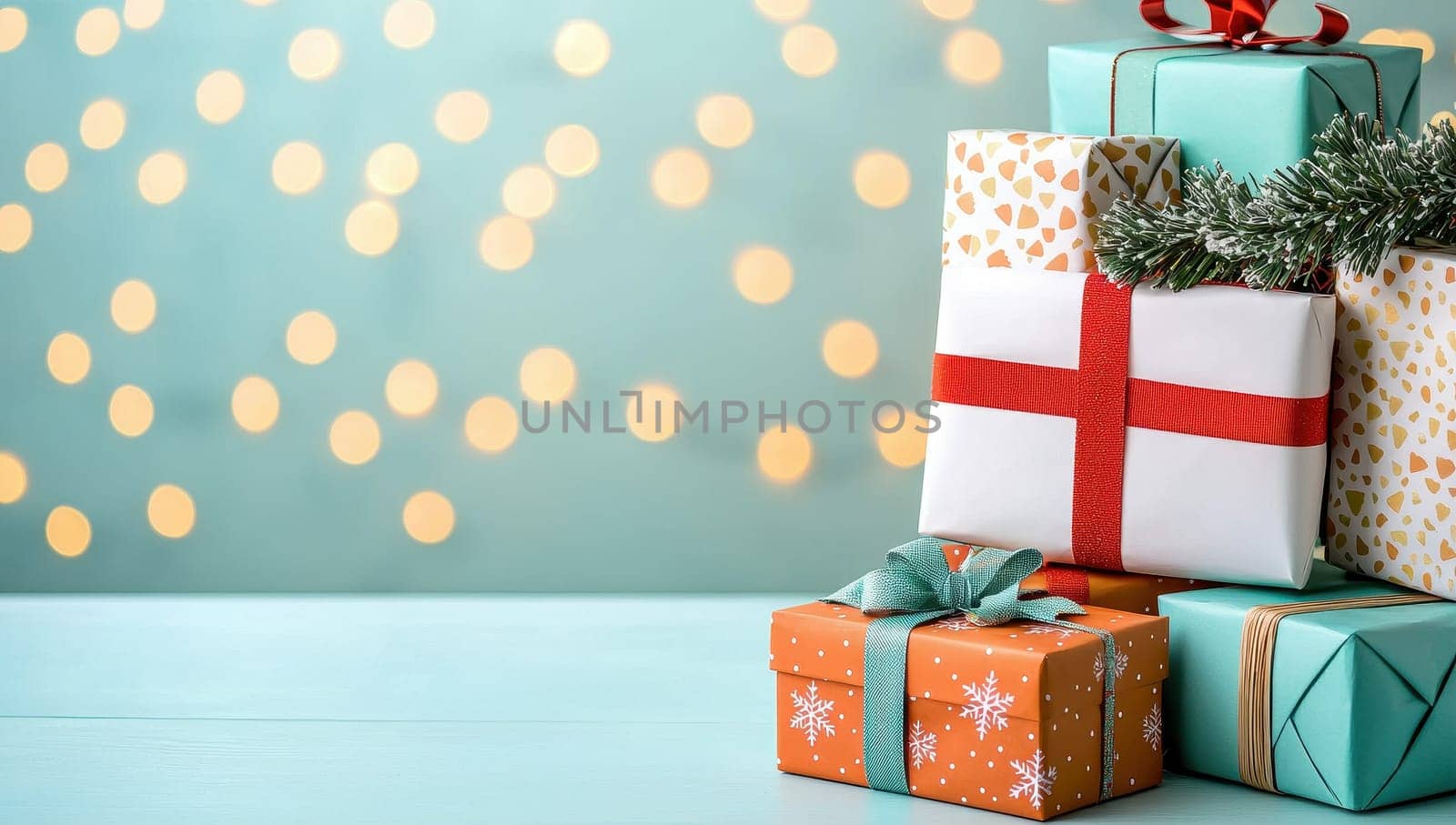 Festively wrapped Christmas gifts with colorful decorations and soft bokeh background, perfect for holiday celebrations