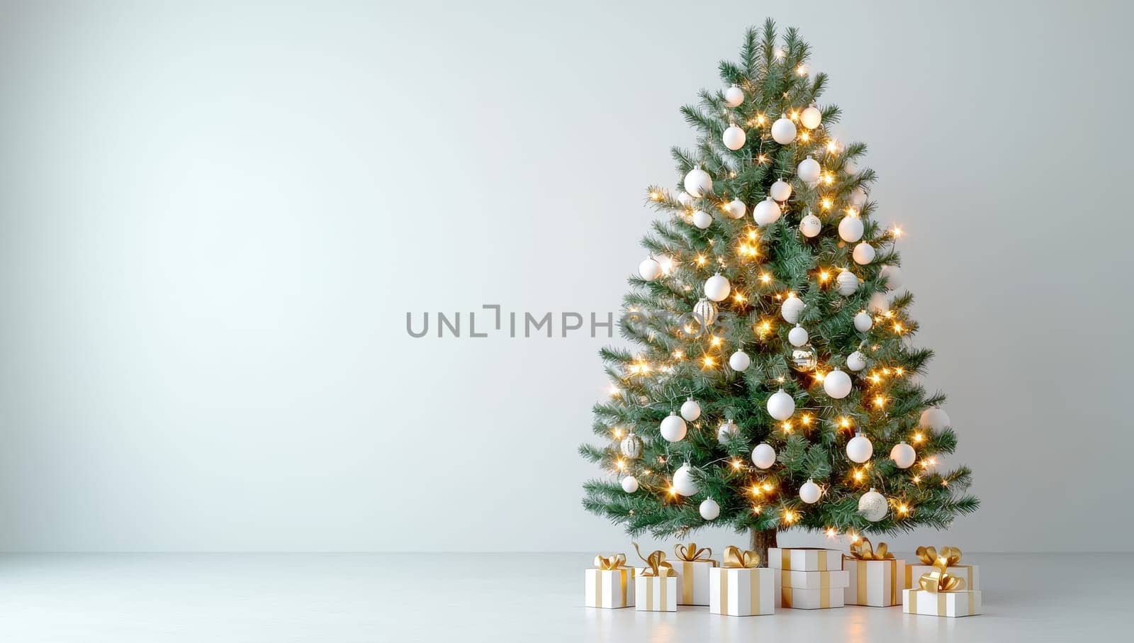 Christmas tree with white ornaments and gift boxes. Festive holiday background.