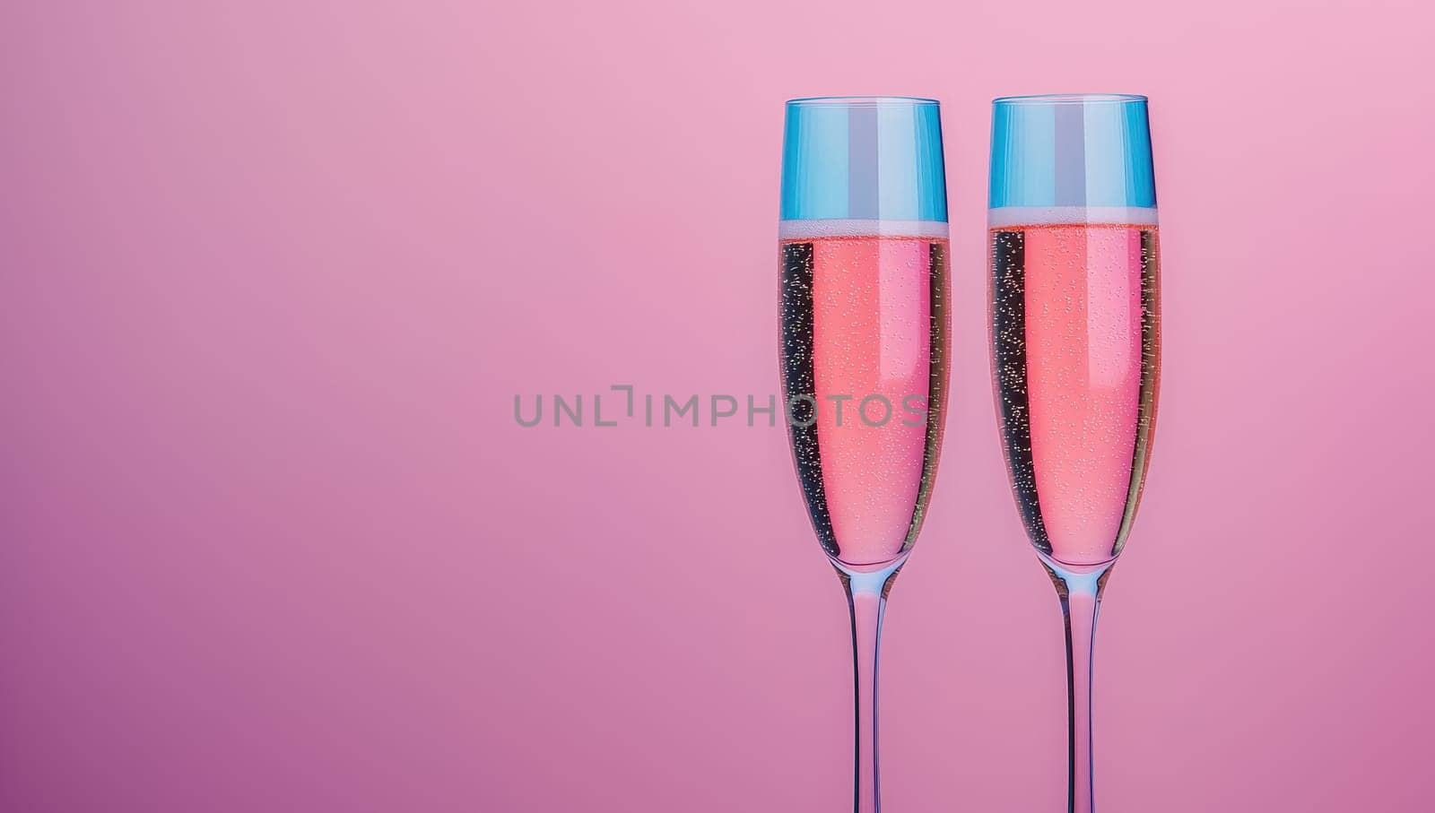 Two Flutes Filled with Pink Champagne on Pink Background, Celebration and New Year Concept