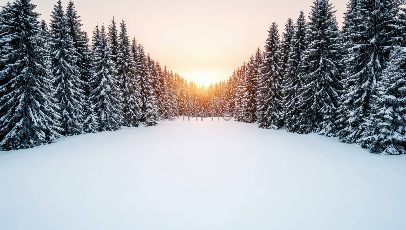 Snowy winter landscape with pine trees at sunset