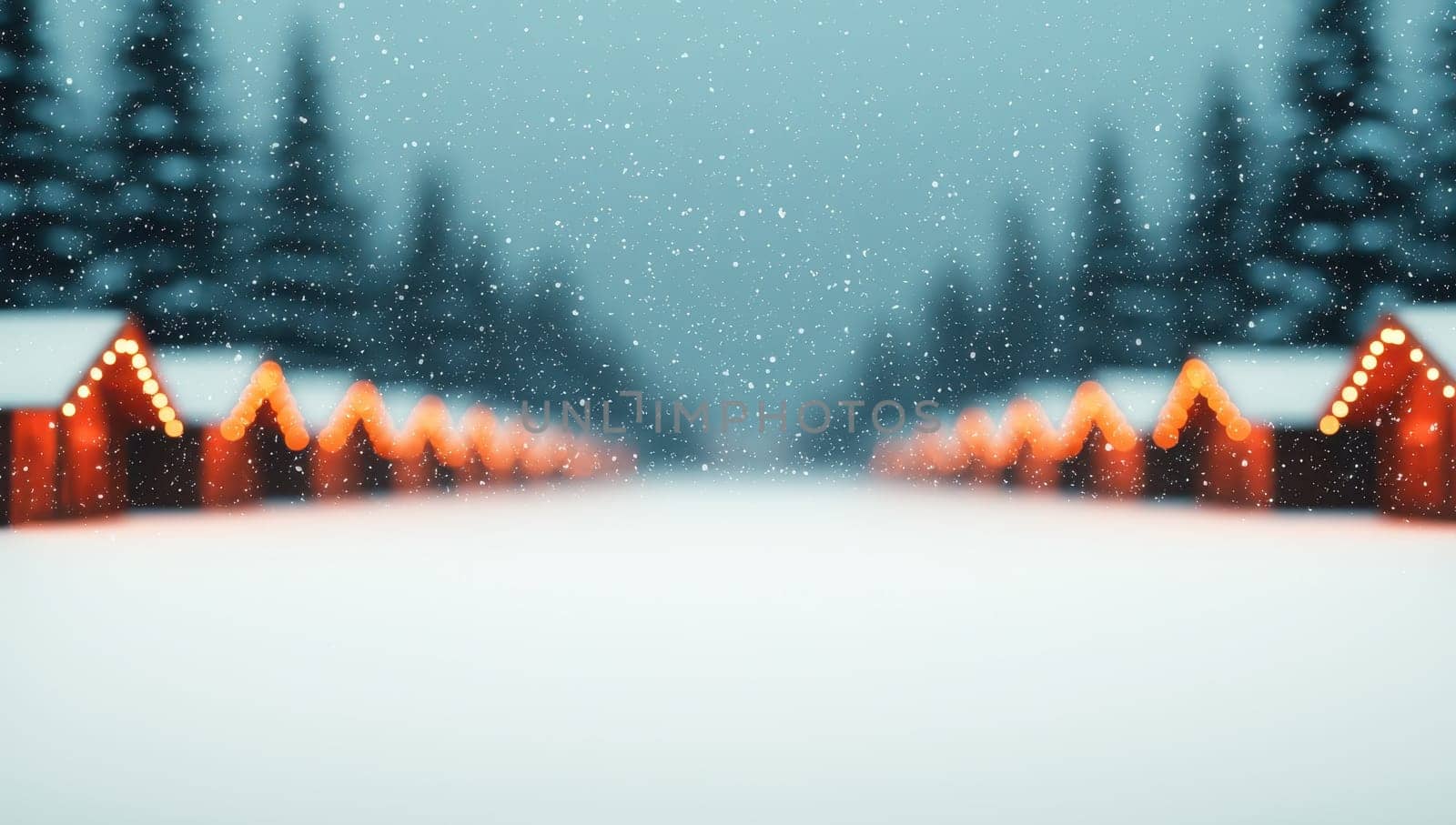 Snowy winter background scene with illuminated cozy cabins lining a path through pine forest at dusk. Magical holiday atmosphere with warm glowing lights in a serene snowfall landscape