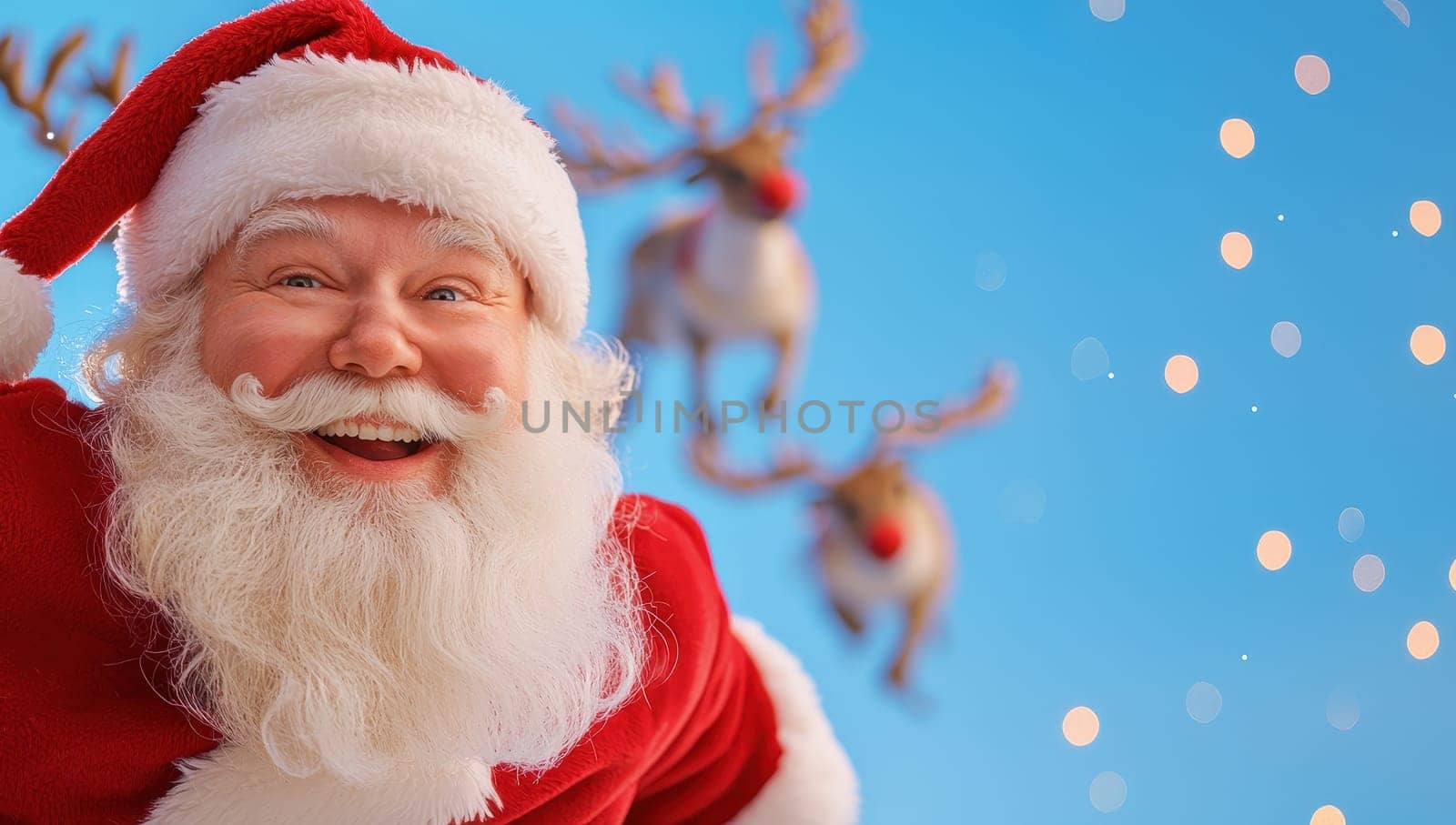 Cheerful Santa Claus with reindeer and snowflakes. Christmas magic and holiday spirit.