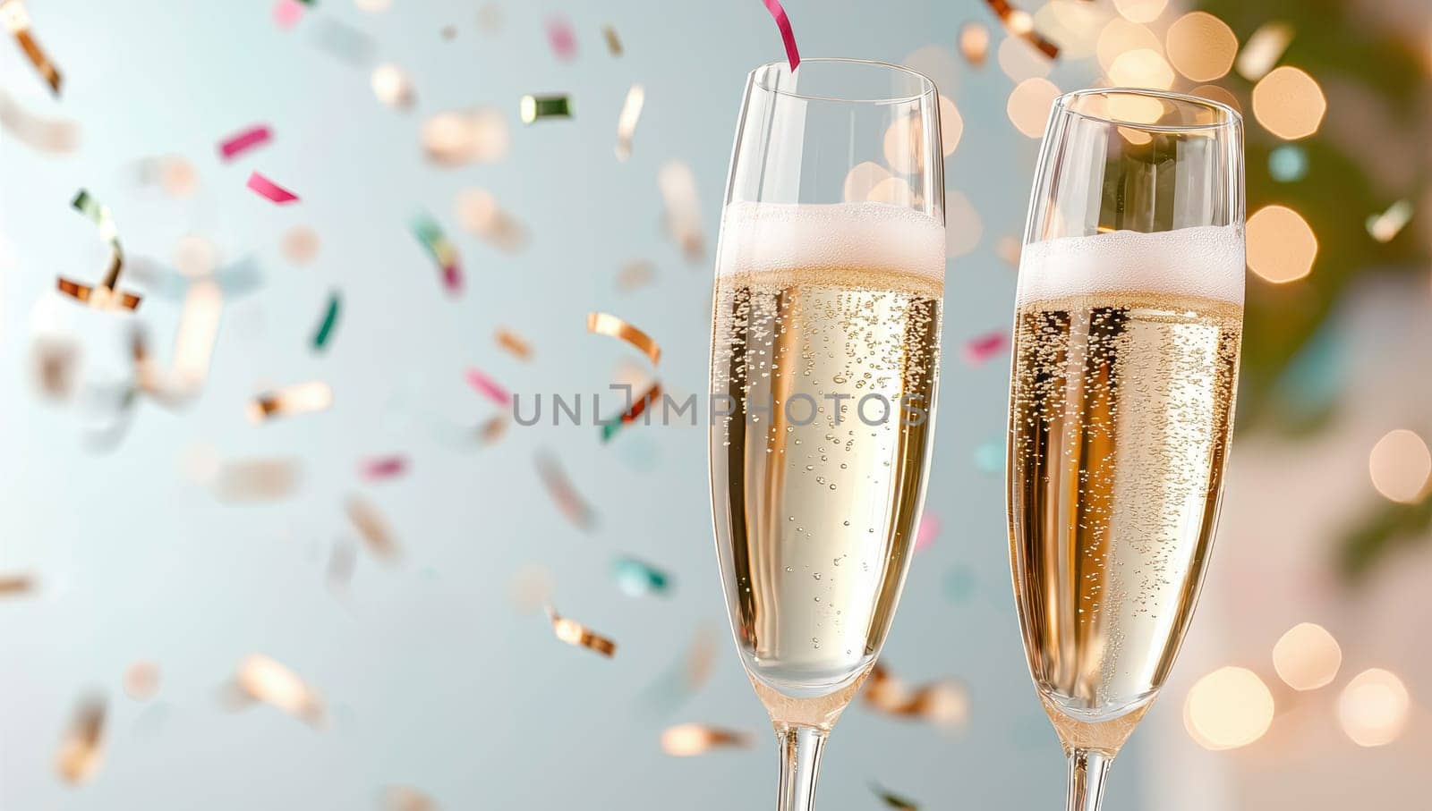 Two champagne glasses with confetti celebrating New Year's Eve.