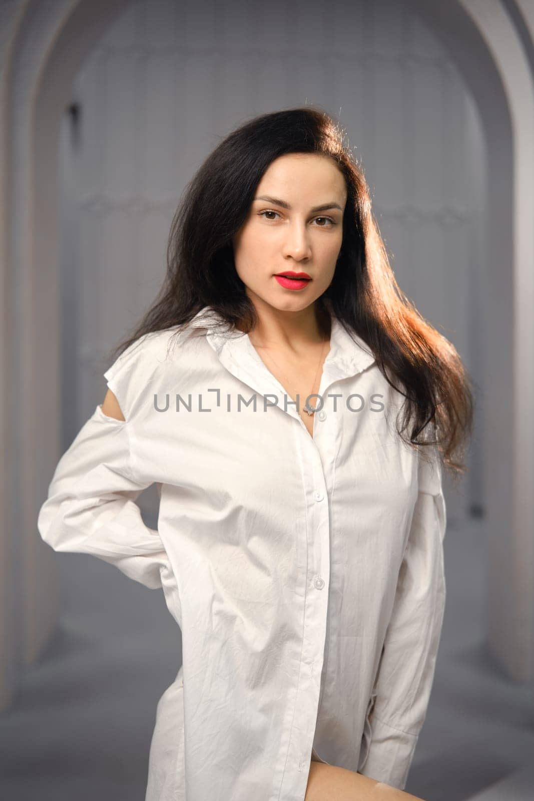 Casual portrait of beautiful woman with long brown hair