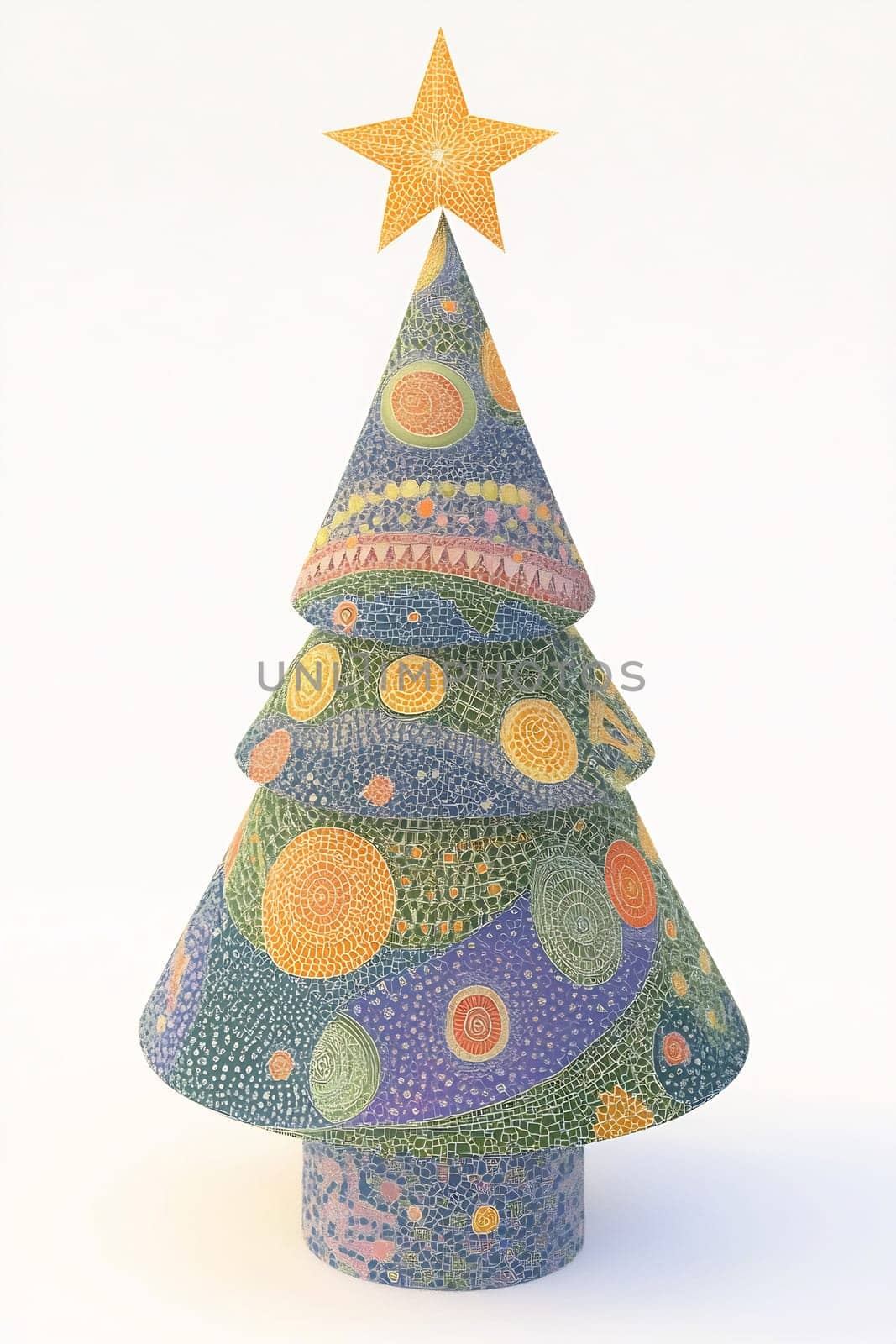 A creatively designed Christmas tree features colorful patterns and a golden star, ideal for seasonal decorations and celebrations.