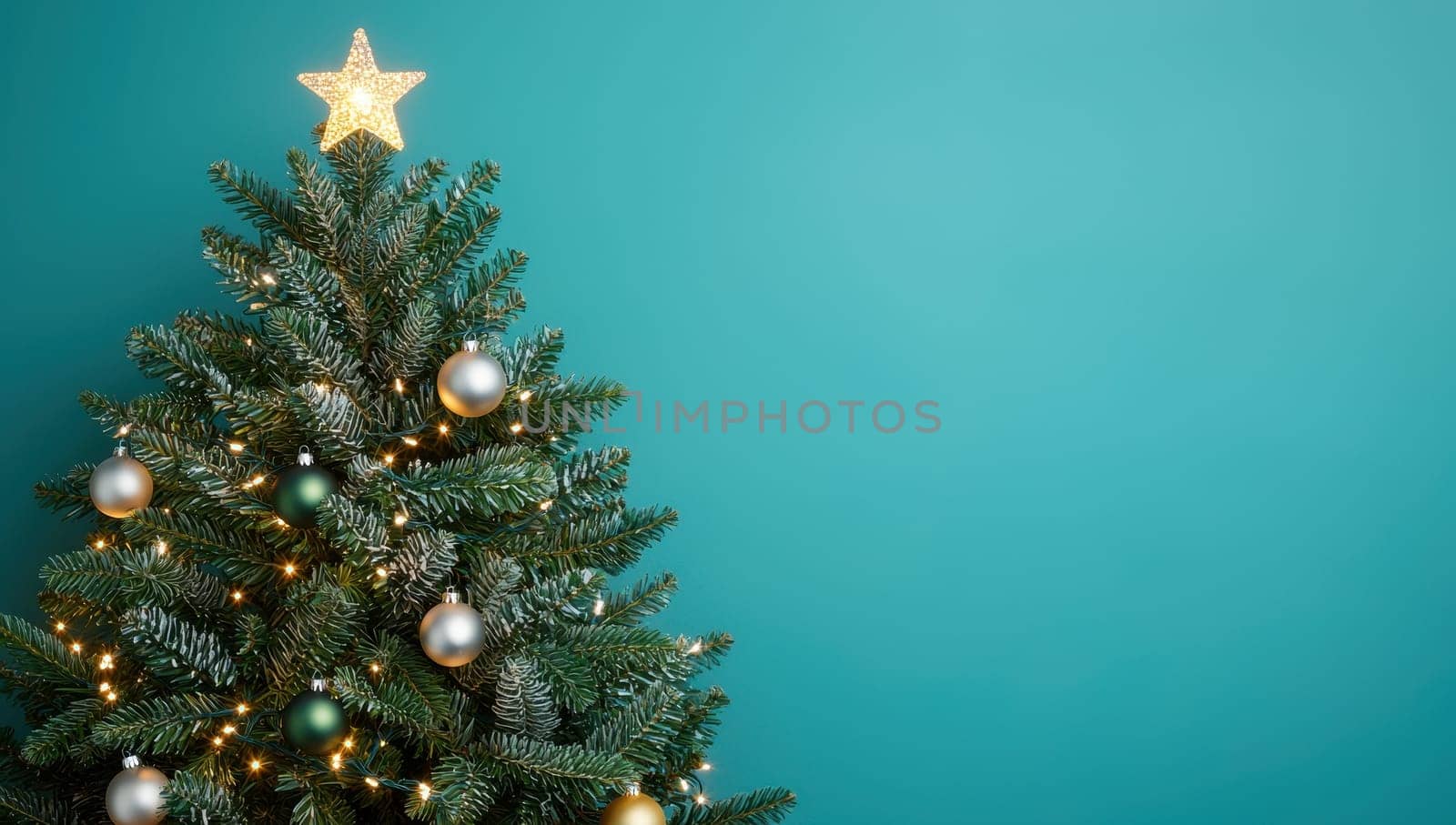 Christmas tree decorated with silver and green ornaments on a teal background