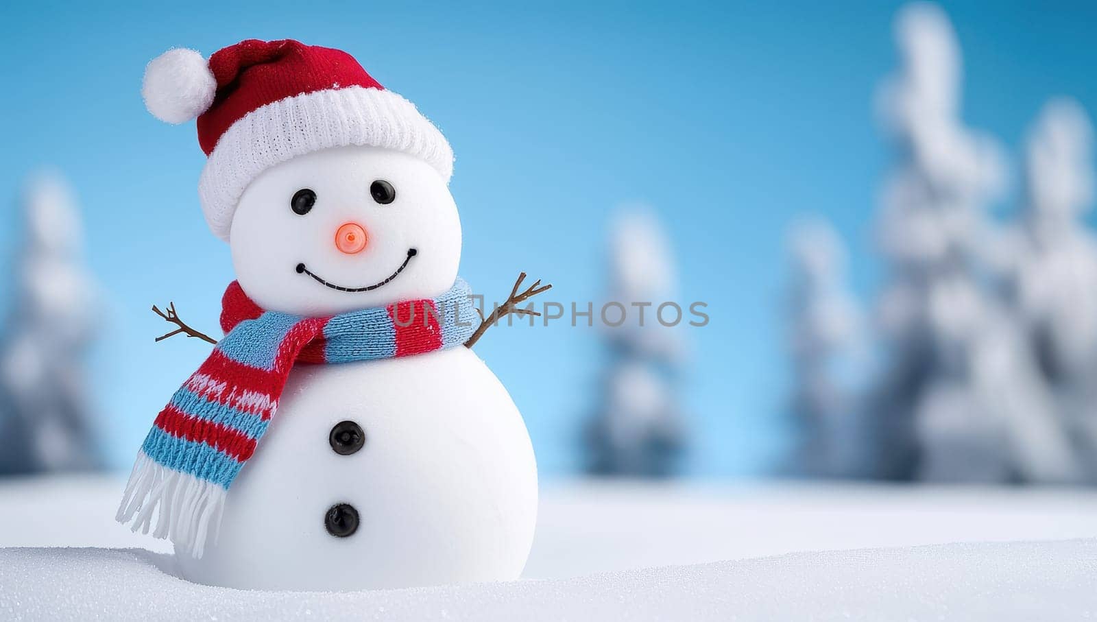 Smiling snowman in a winter wonderland
