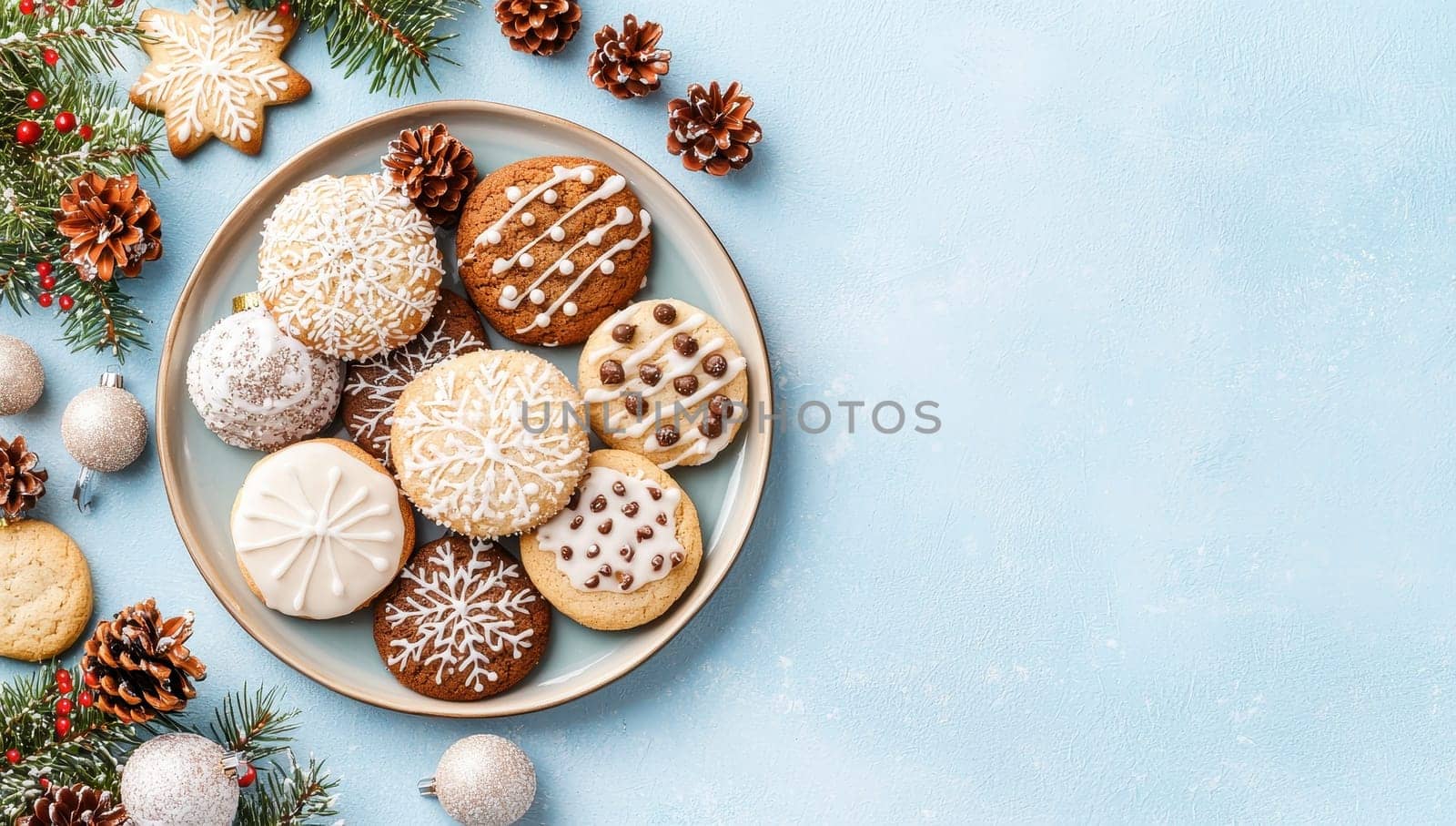 Christmas gingerbread cookies on blue background with copy space. Christmas holiday baking concept.