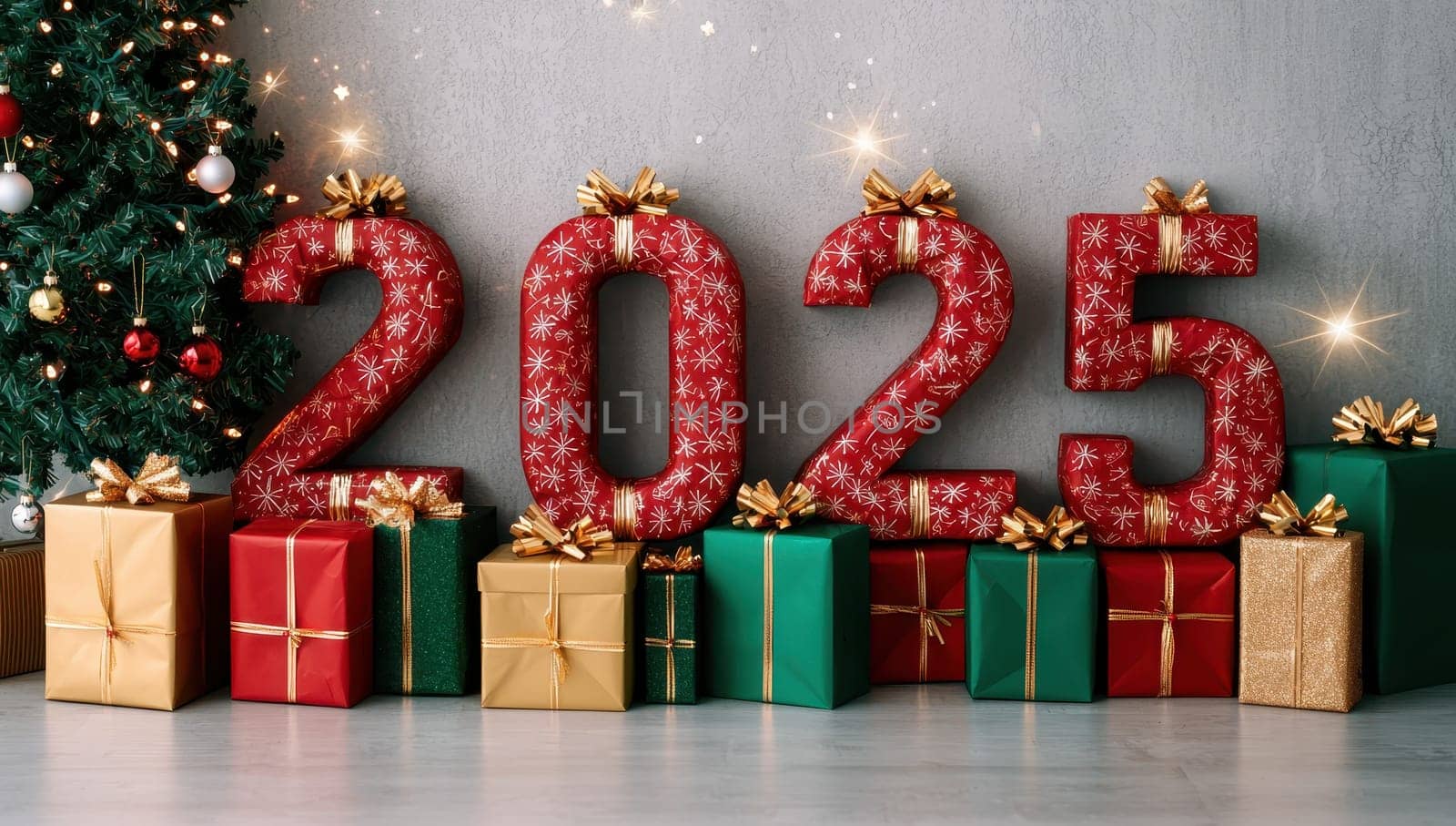 2025 New Year with Christmas tree and gift boxes. 3D rendering