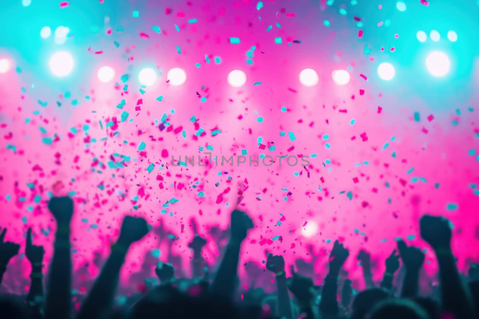 Crowd with hands up enjoying confetti falling down during a concert. Concept of celebration, party, entertainment, music festival, and nightlife.