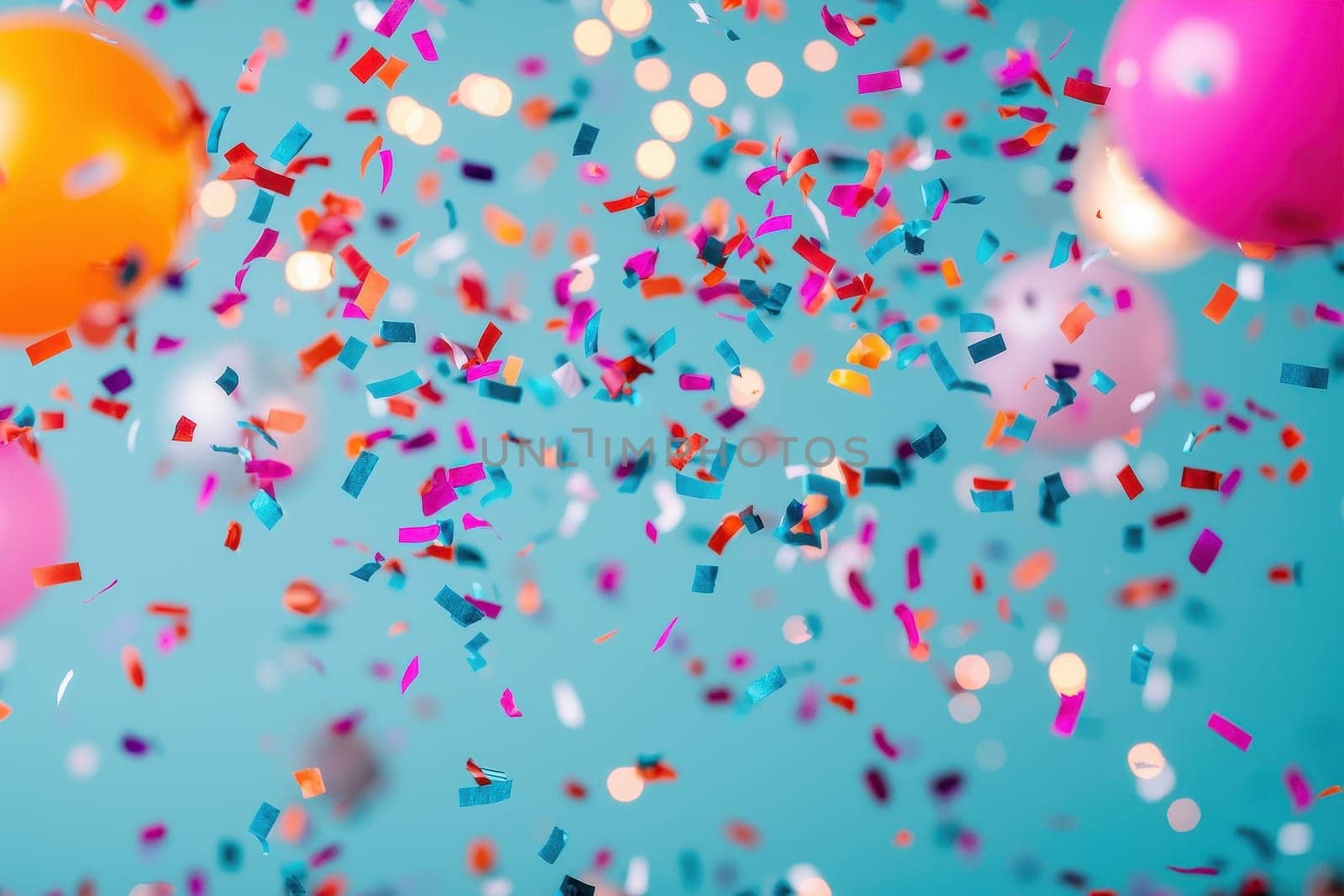 Colorful confetti and balloons falling against a vibrant teal background. Festive celebration, birthday party, or holiday concept.