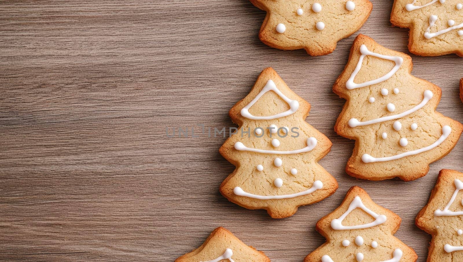 Christmas tree shaped gingerbread cookies on wooden table, top view with space for text