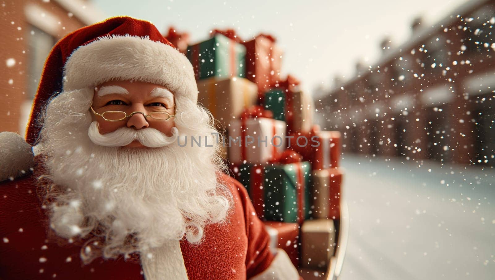 Cheerful Santa Claus with a sleigh full of Christmas gifts on a snowy street