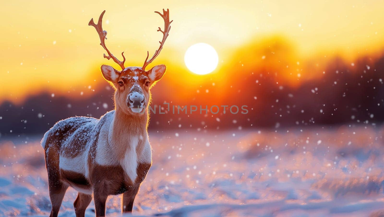 Reindeer in snowy landscape at sunset