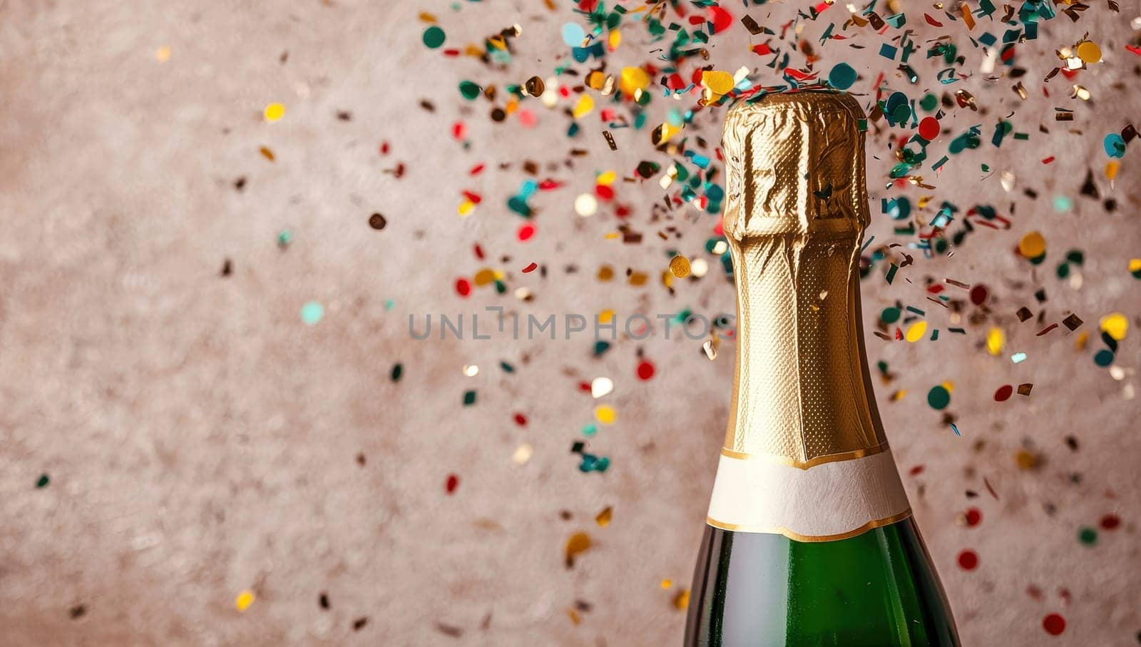 Champagne bottle with colorful confetti on a beige background