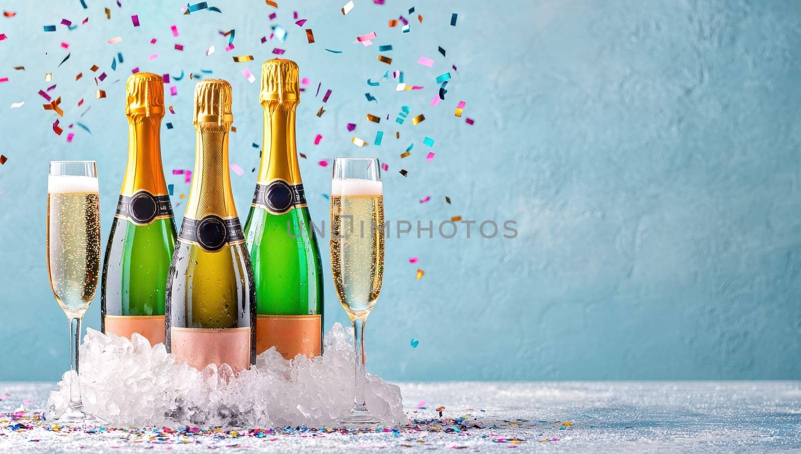 Champagne bottles in ice bucket with glasses and falling confetti. Celebration concept.