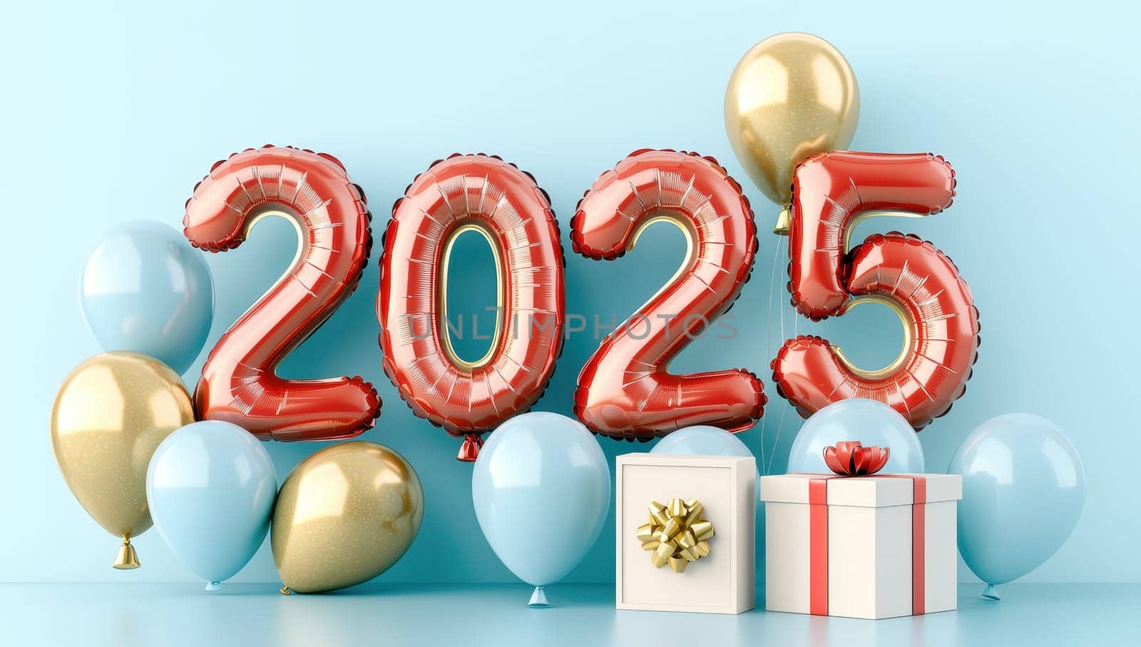 3D Render of 2025 Number Balloons with Gift Box and Balloons on Blue Background