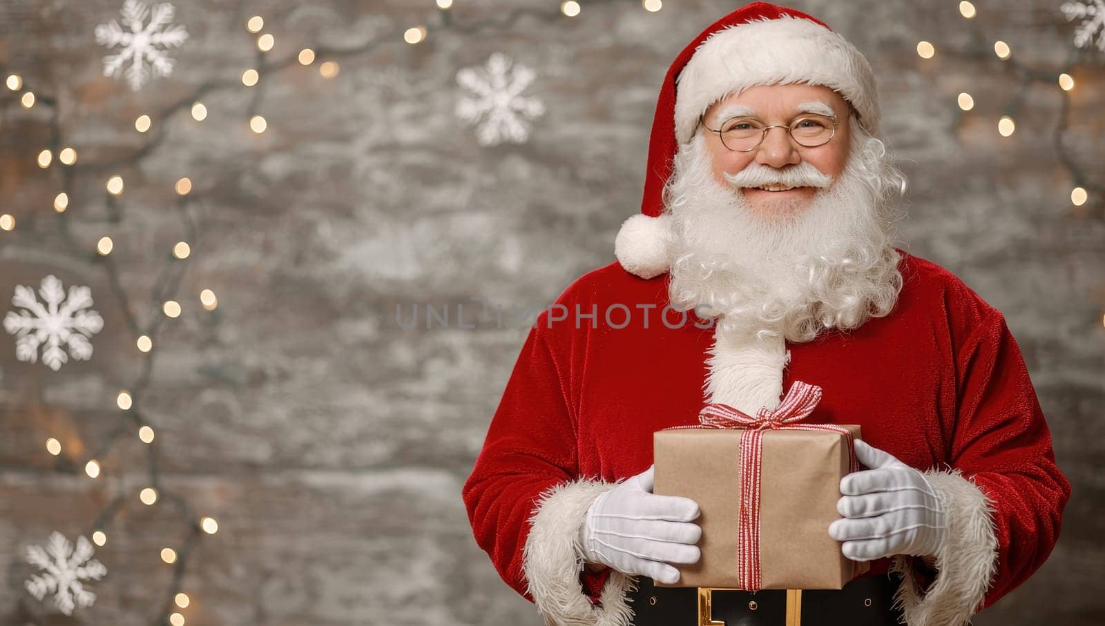 Smiling Santa Claus holding a Christmas gift