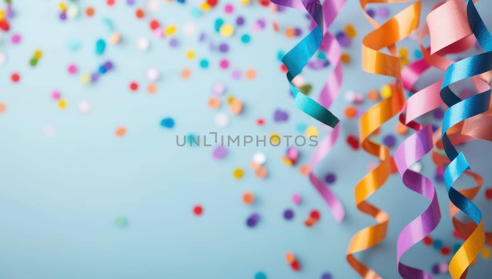 Colorful party streamers and confetti on a blue background with copy space