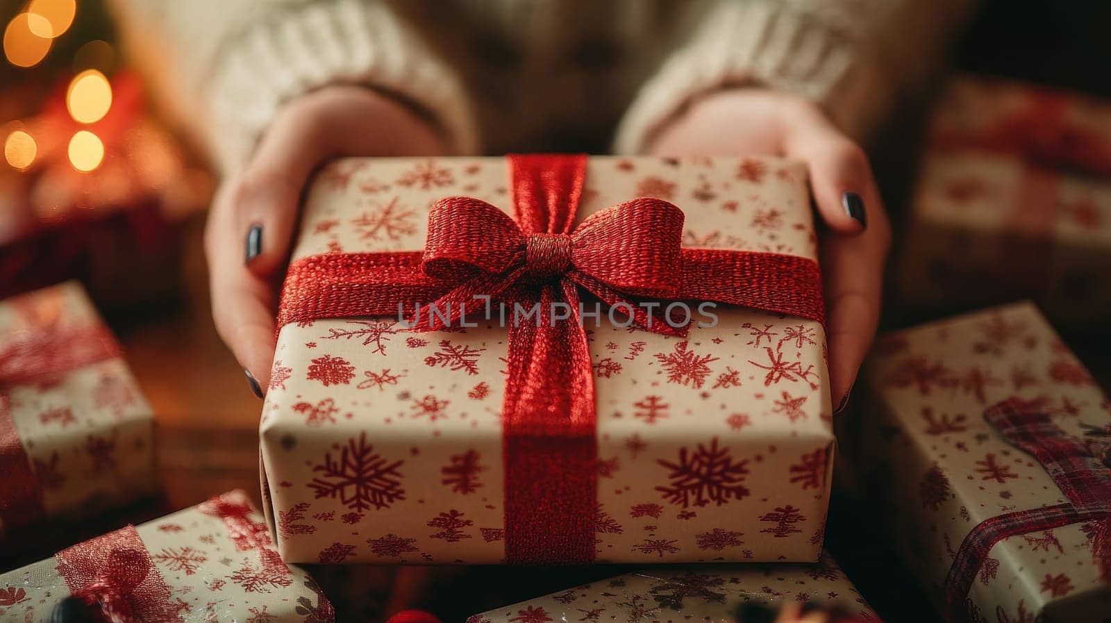 Woman Holding Christmas Gift with Red Ribbon, Holiday Season