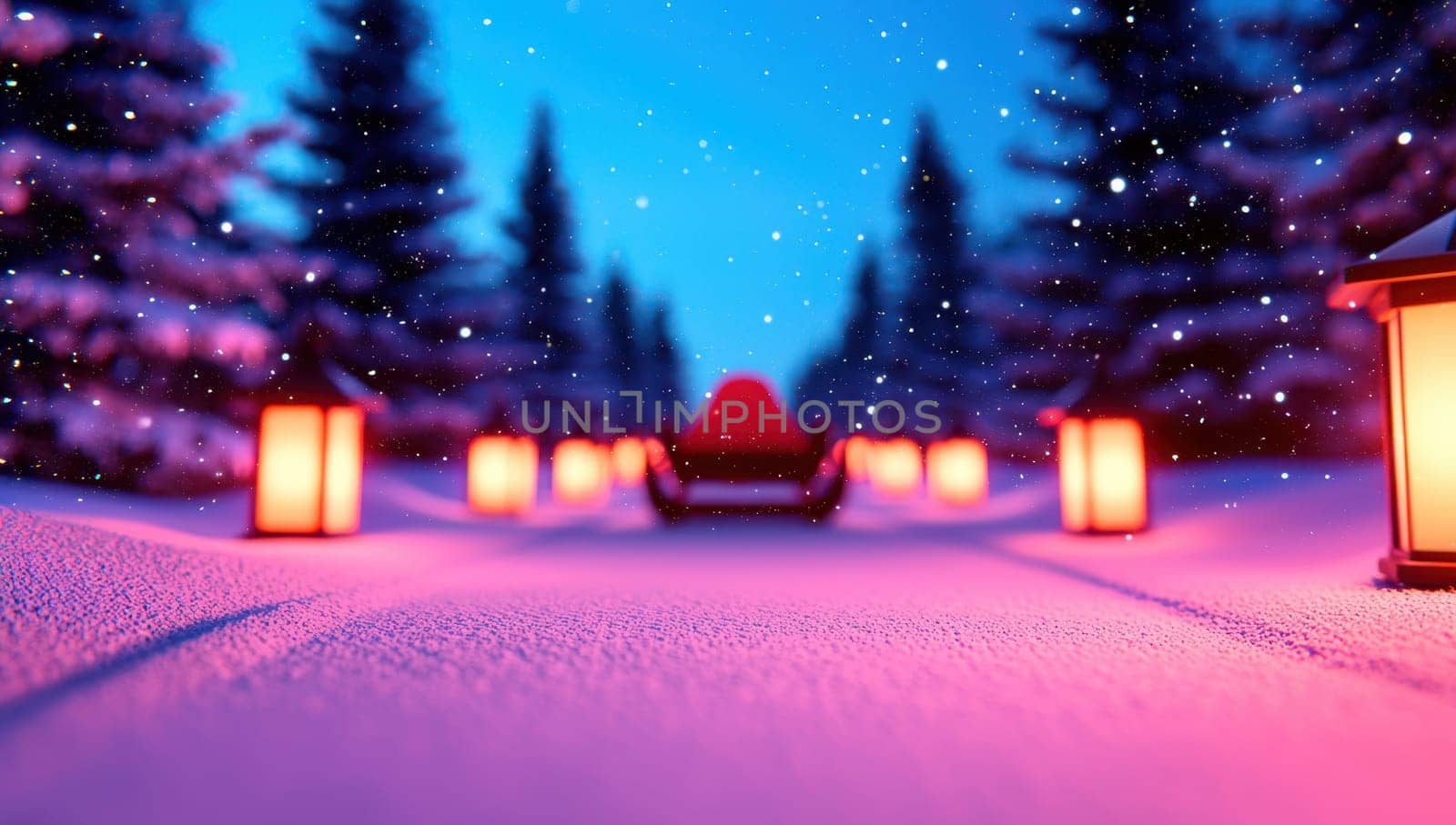 Santa's sleigh on snowy path lit by lanterns in a magical forest, Christmas Eve.