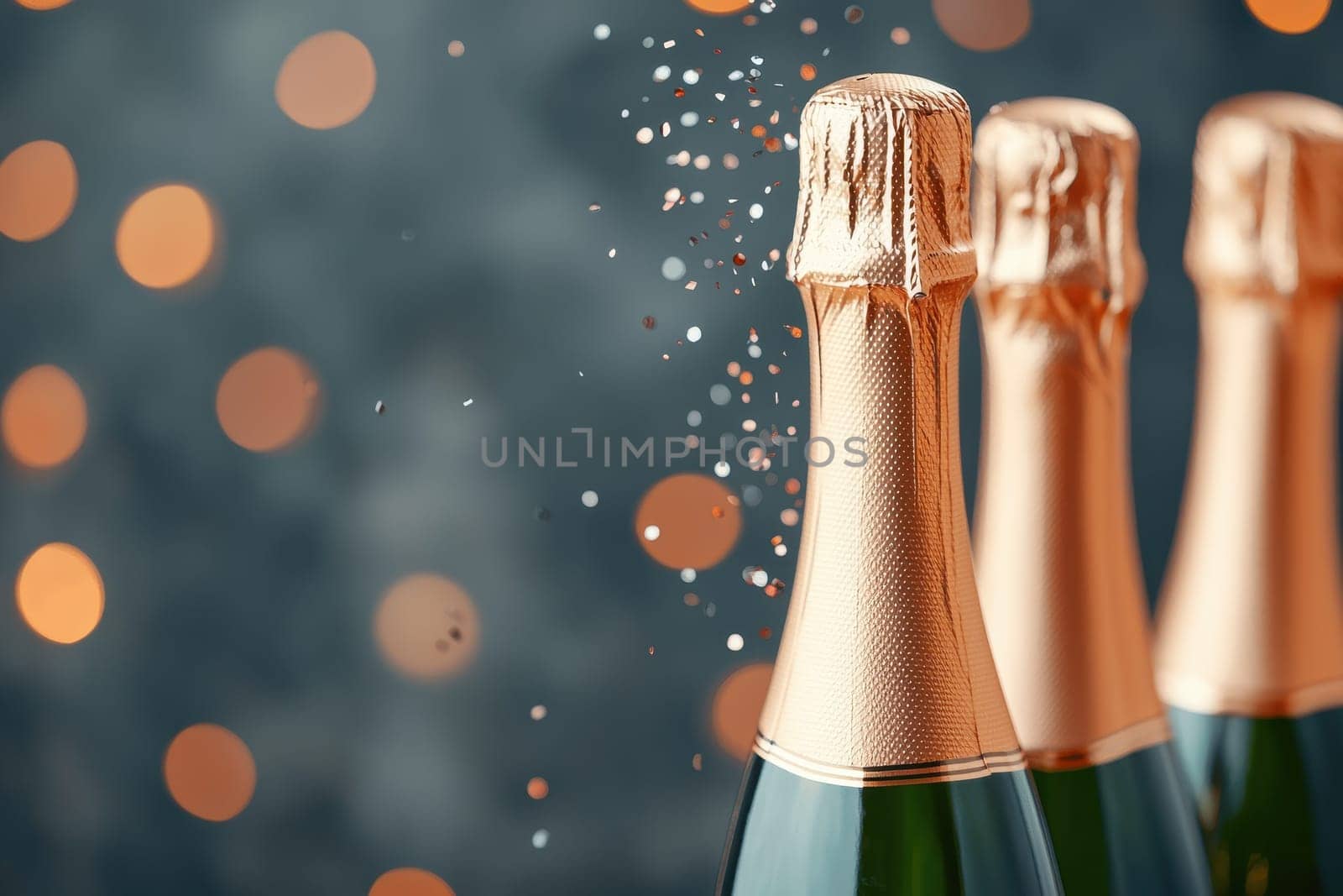Champagne bottles with glitter against blurred lights. New Year celebration, party concept.