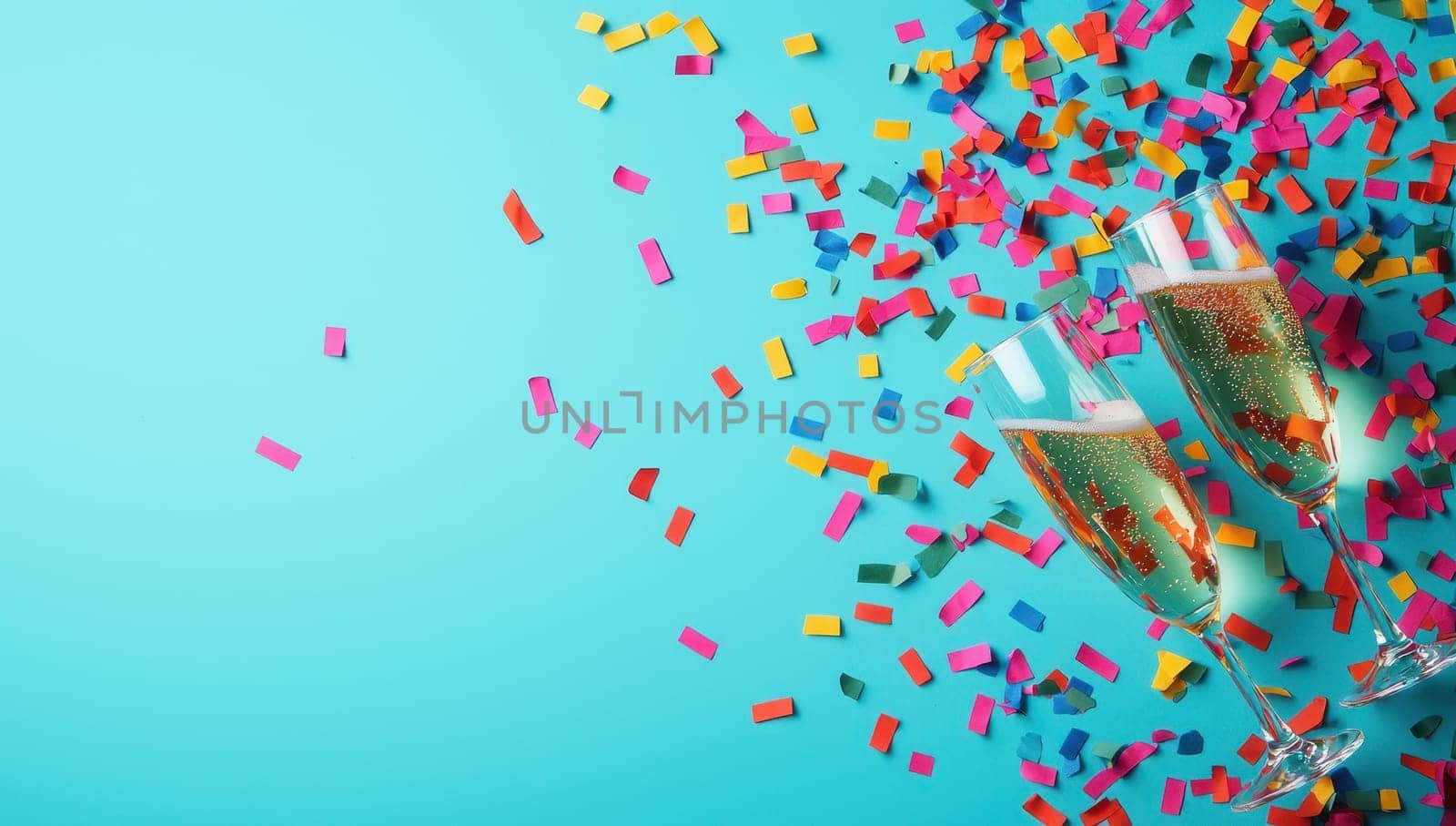 Two champagne glasses with confetti on a vibrant blue background