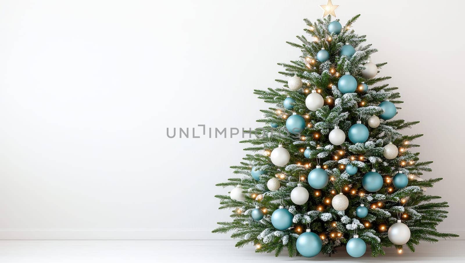Christmas tree decorated with blue and white ornaments and lights. Festive holiday background.