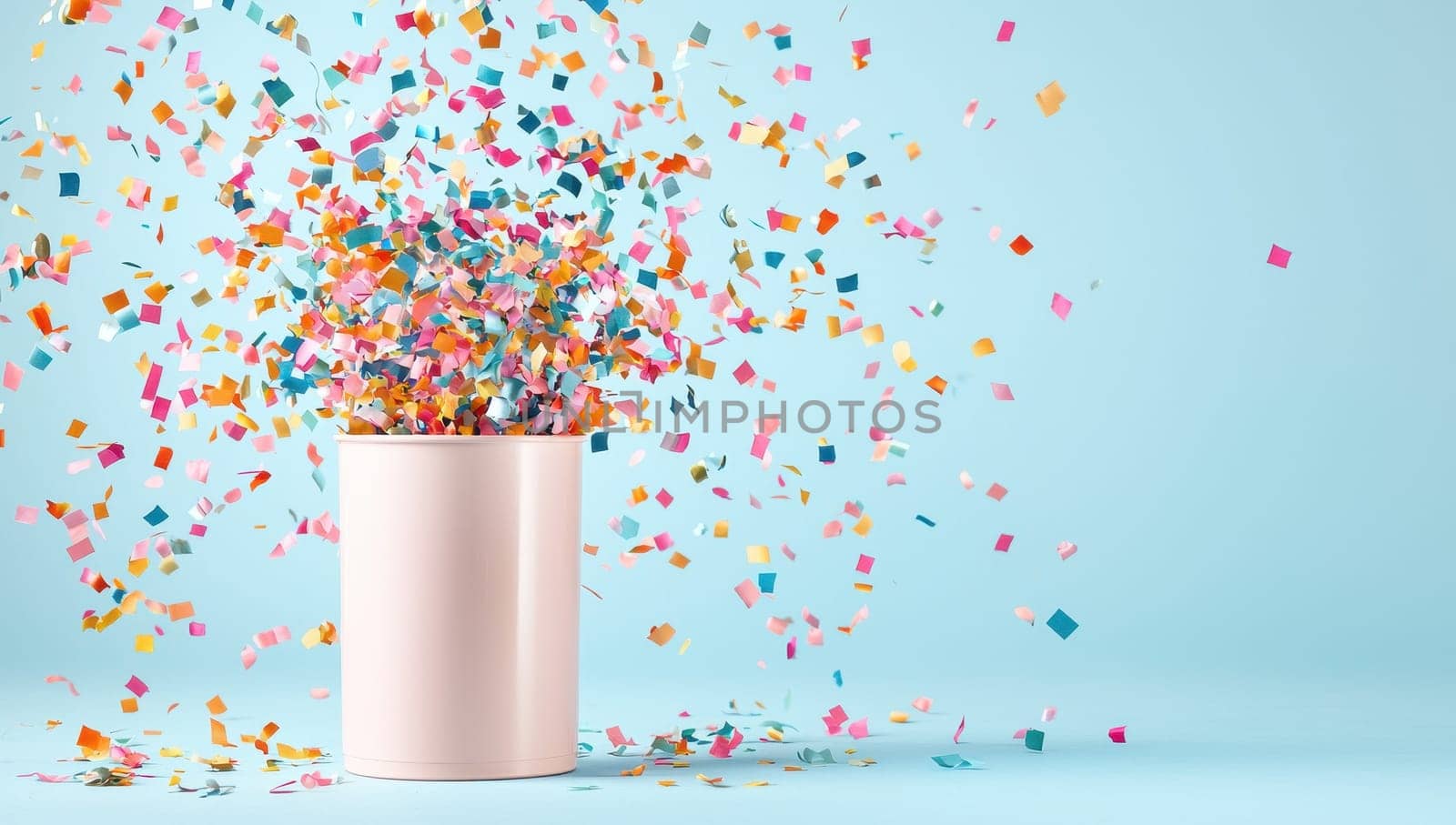 Pink party cup with colorful confetti explosion on a light blue background