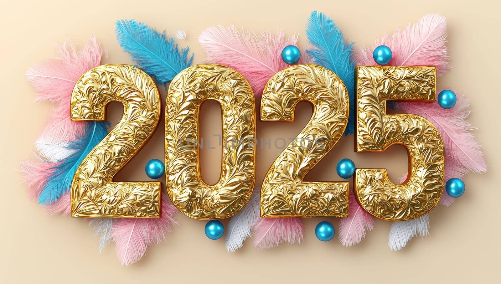 Golden 2025 number with feathers for New Year celebration