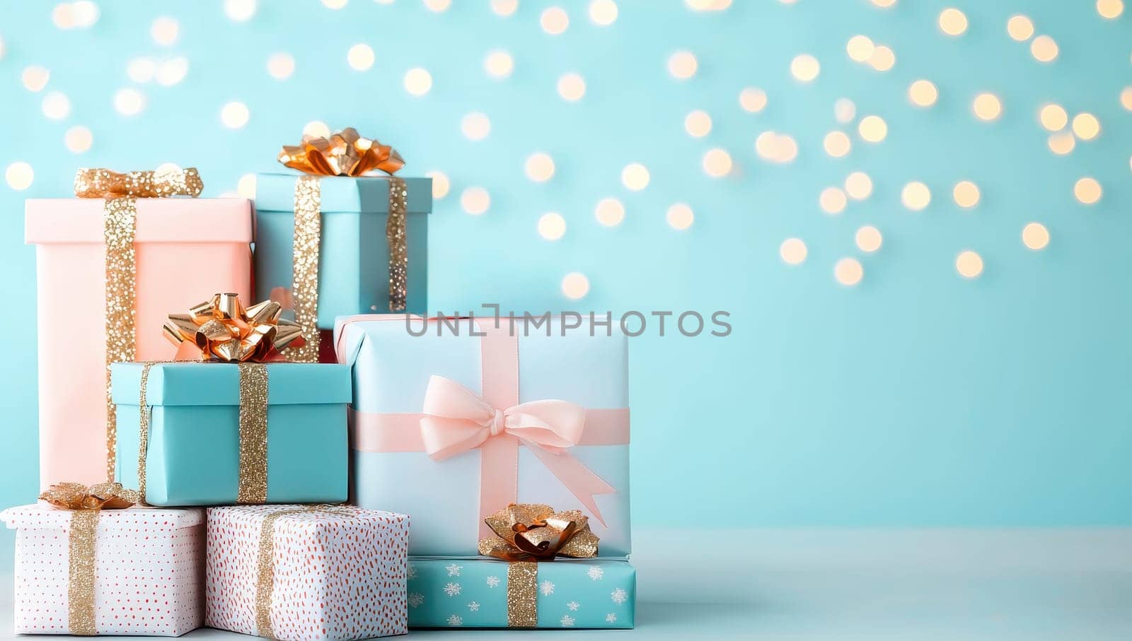 Pastel colored gift boxes with gold ribbon on blue background with bokeh. Christmas, birthday or Valentine's day presents