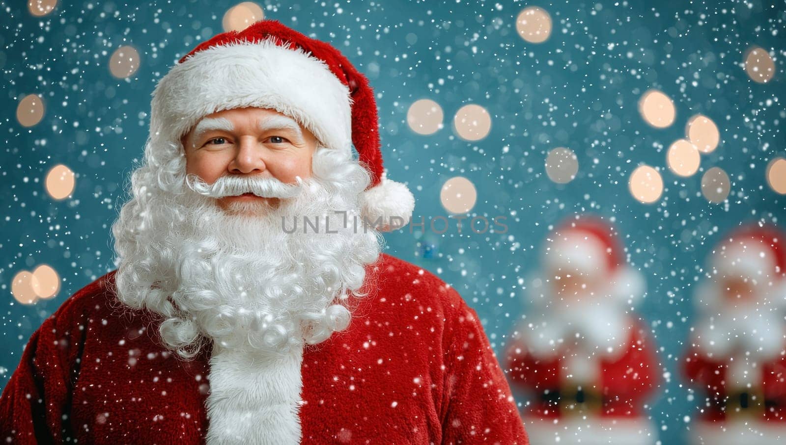 Portrait of Santa Claus with snowy bokeh background