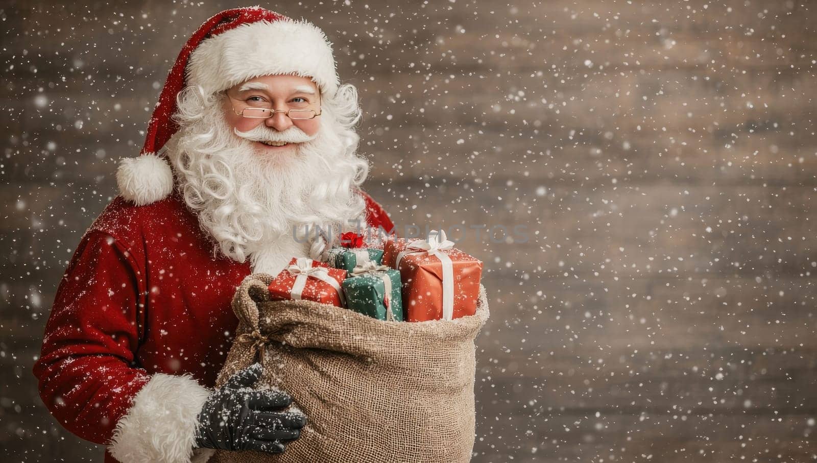 Santa Claus holding a bag full of Christmas gifts. Festive holiday season concept.