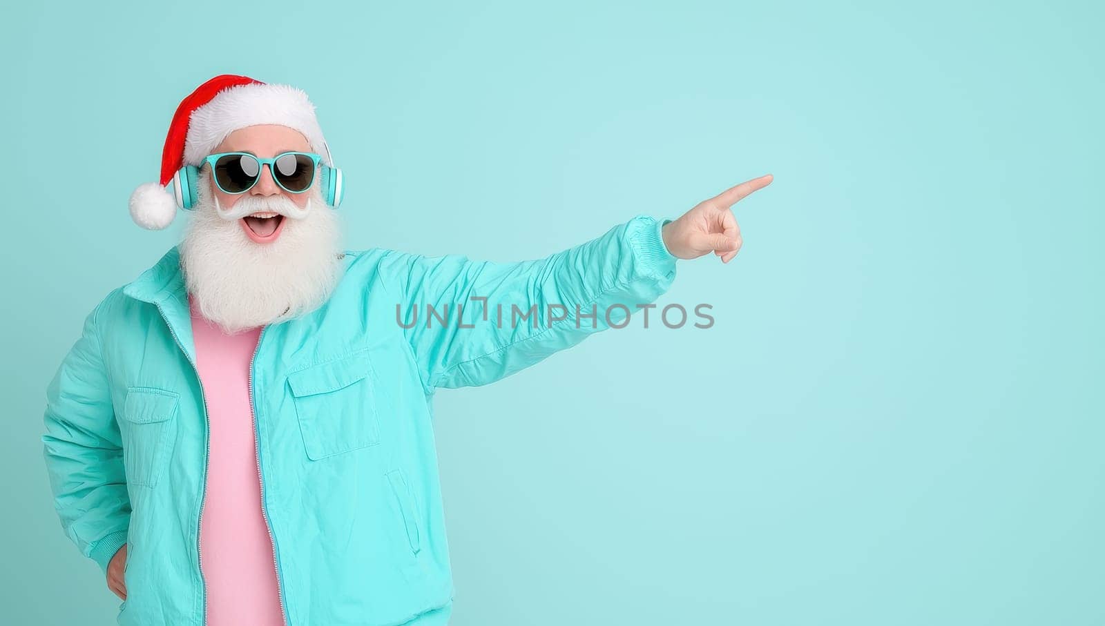 Cool Santa Claus wearing sunglasses pointing with his finger on blue background