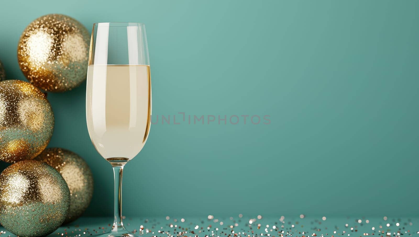 Glass of champagne and golden Christmas baubles on turquoise background with copy space