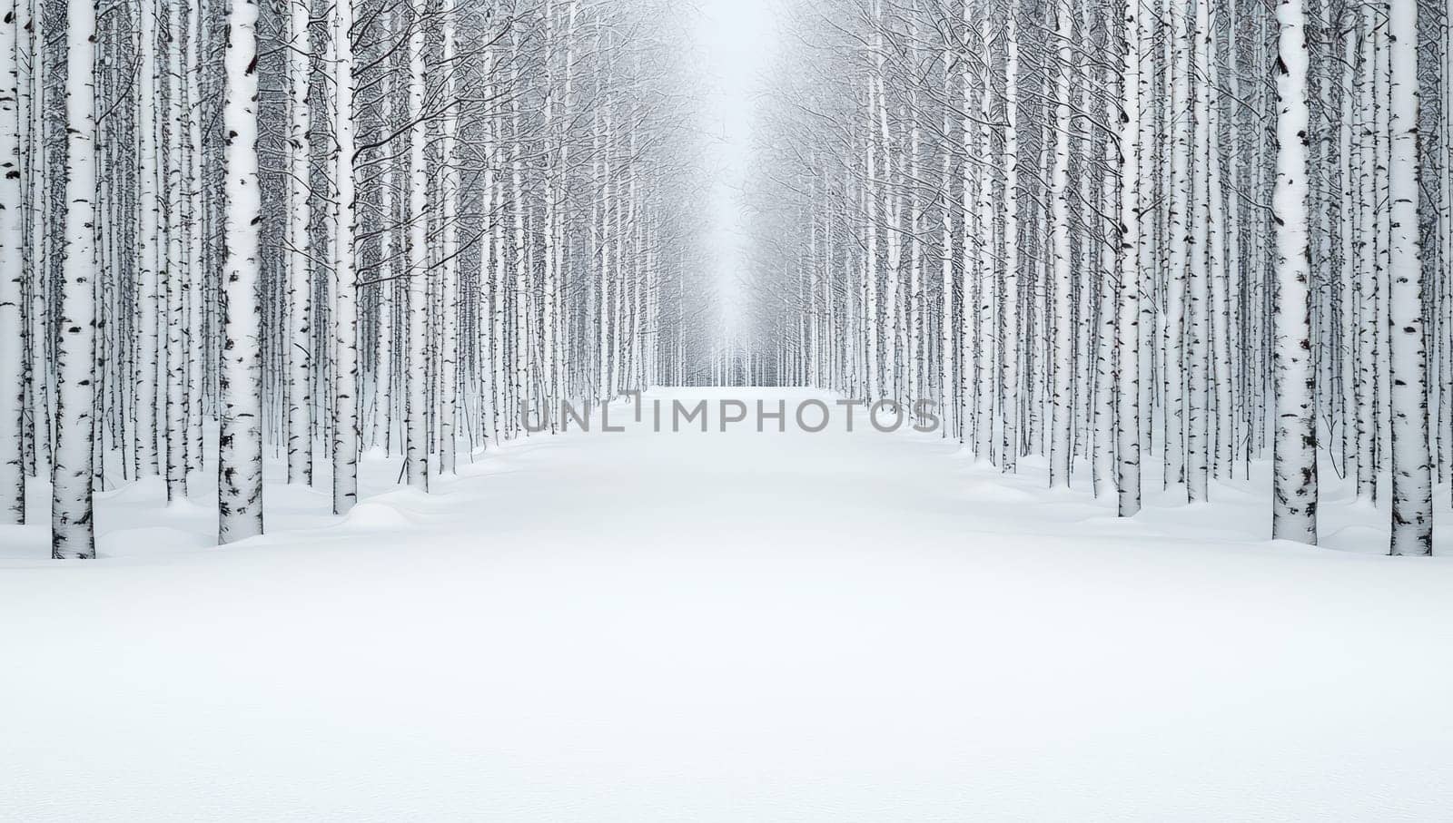 Snow covered path through birch forest in winter.