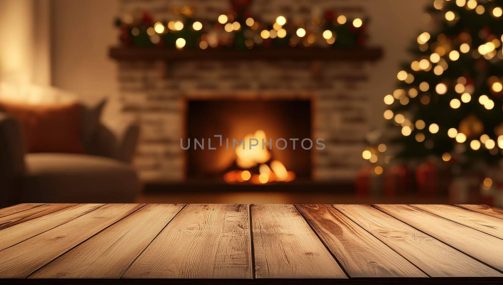 Empty wooden table in front of decorated fireplace. Christmas background with space for display product.