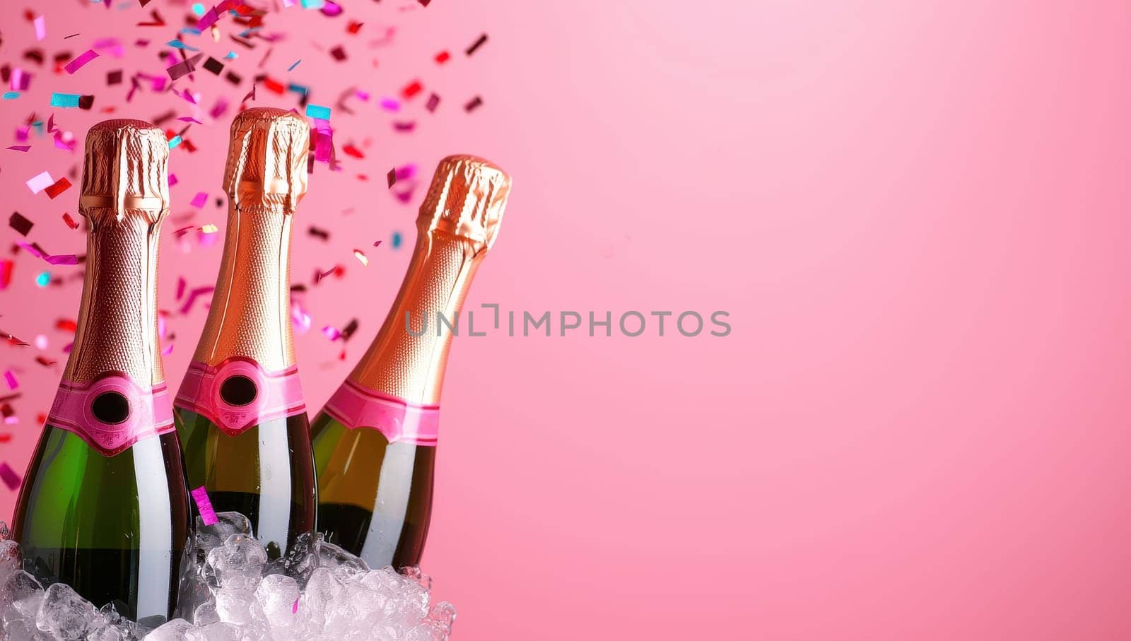 Three champagne bottles in ice bucket with confetti on pink background