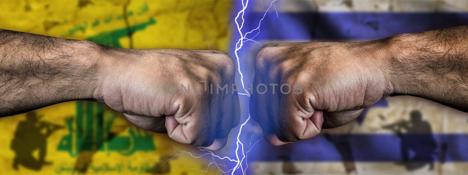 War between Hezbollah and Israel concept. Israel vs Hezbollah flag on cracked wall. Political tension between Hezbollah and Israel