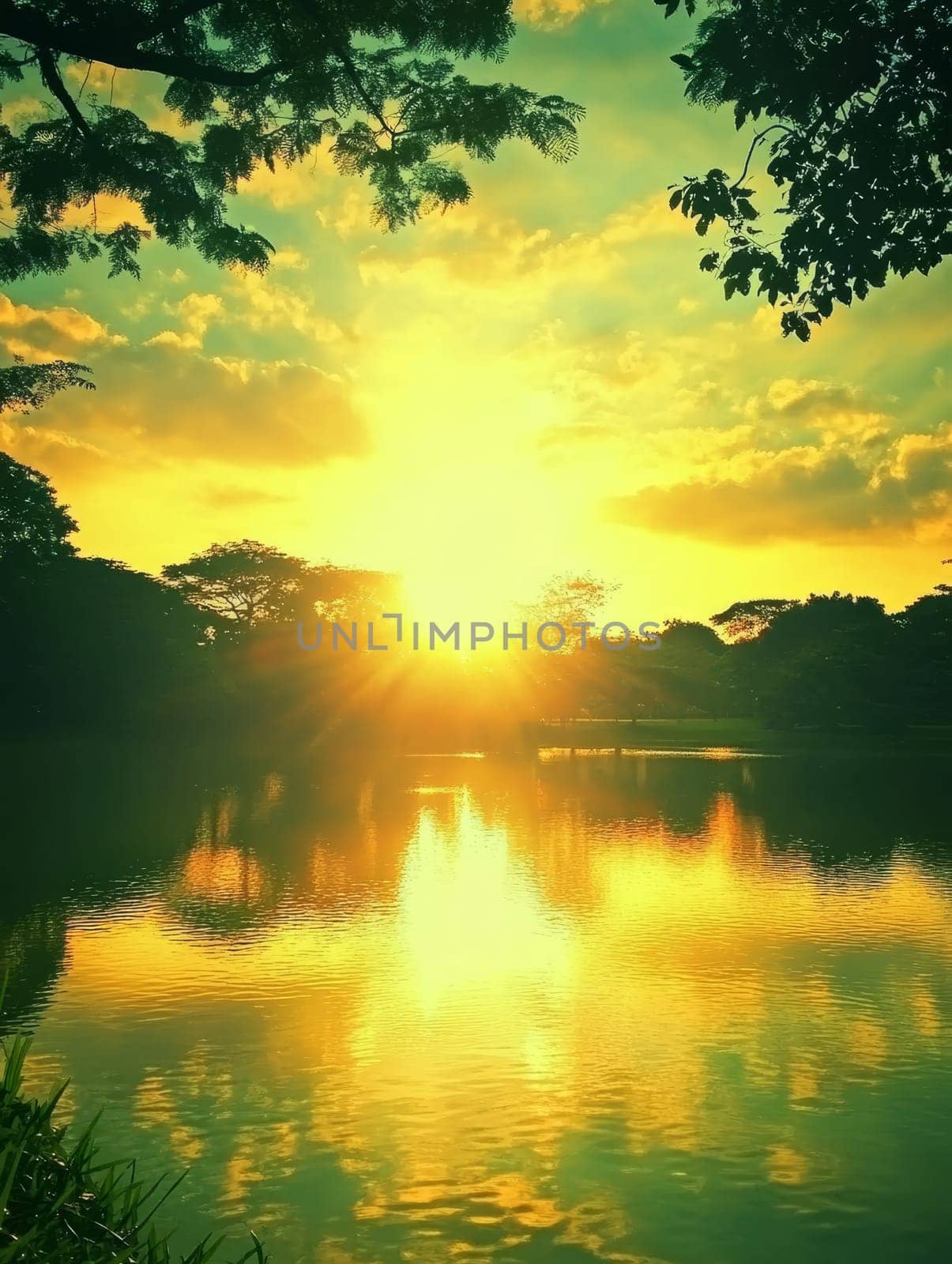 Breathtaking golden sunset reflected on a calm lake surface, framed by silhouetted trees, creating a serene and magical atmosphere in nature.