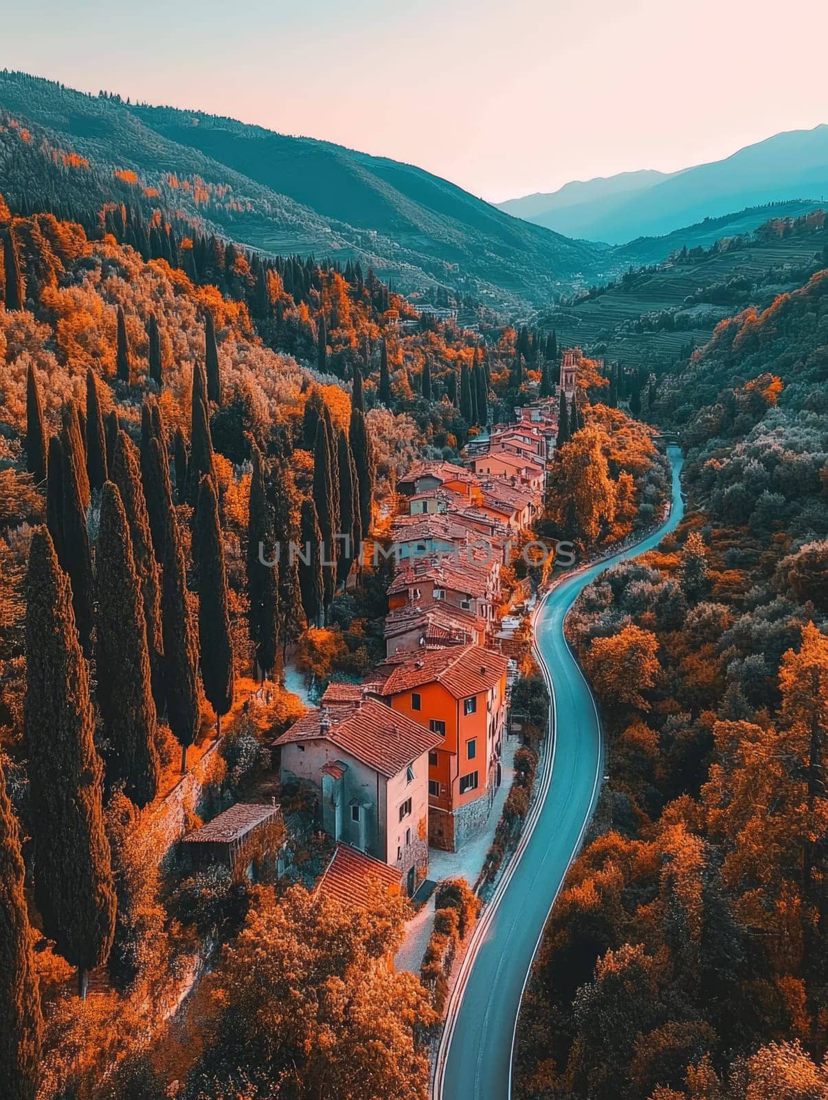 A charming village with terracotta roofs winds through vibrant autumn foliage, framed by cypress trees and a winding road against misty mountains.