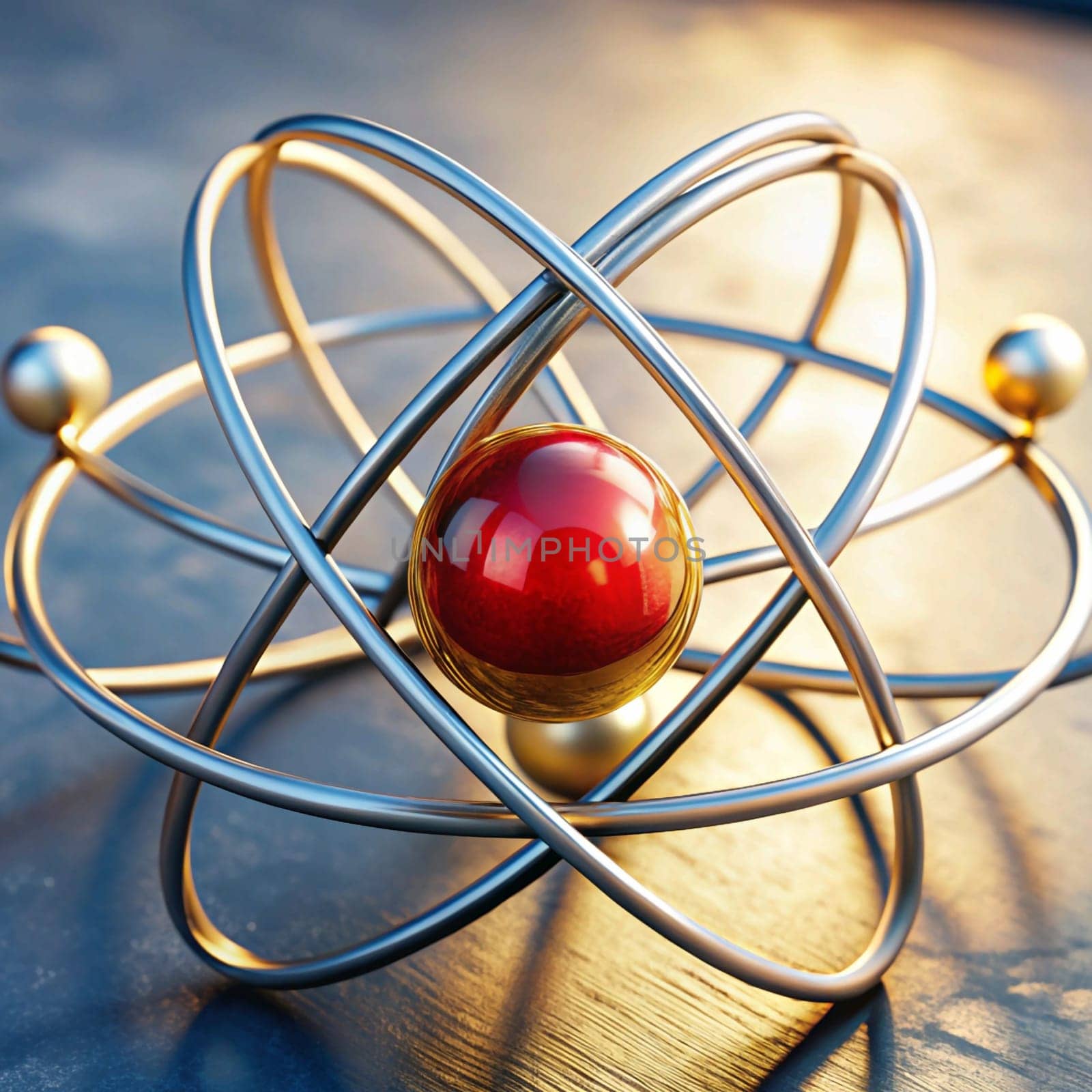 A close-up of a metallic, spherical model of an atom. The nucleus is a red sphere, and the electrons orbit it in a silver, circular structure. The light shines through the scene, creating a sense of depth and dimensionality. A high-quality AI-generated photo.